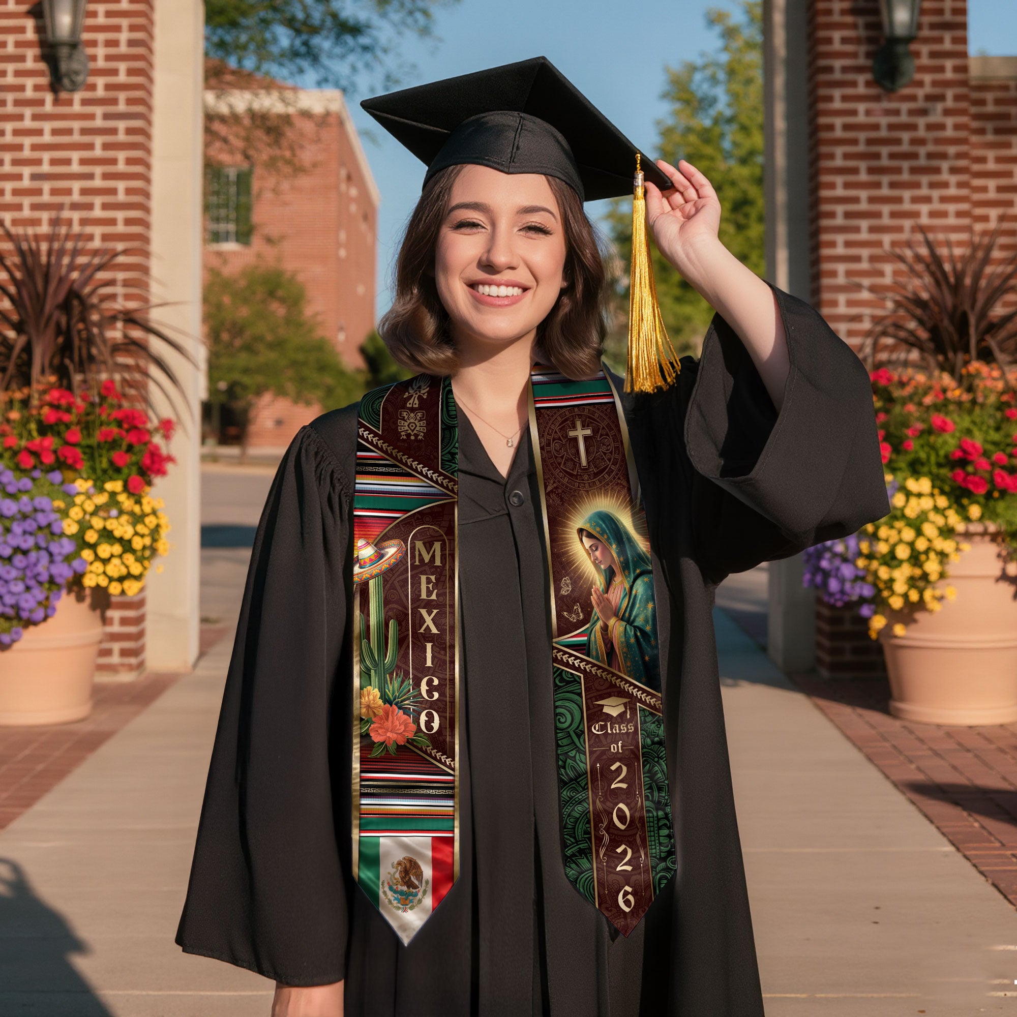 Mexican Heritage Graduation Stole 2026 - Cactus & Sombrero Mexico Graduation Sash