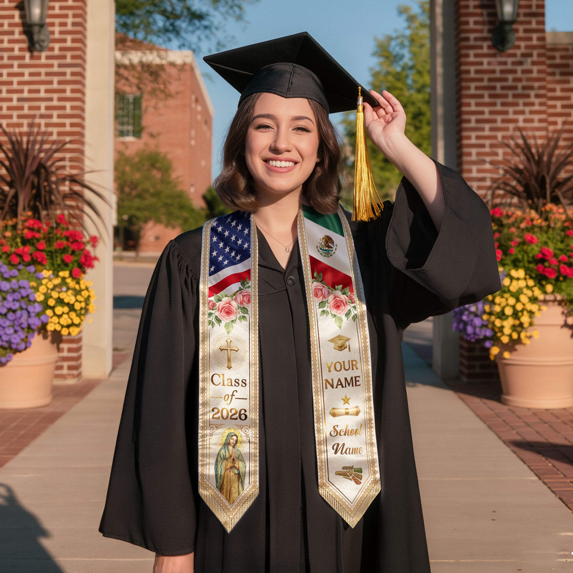 Custom Mexican Graduation Stole 2026 Virgin Mary Aztec Eagle Name School Sash