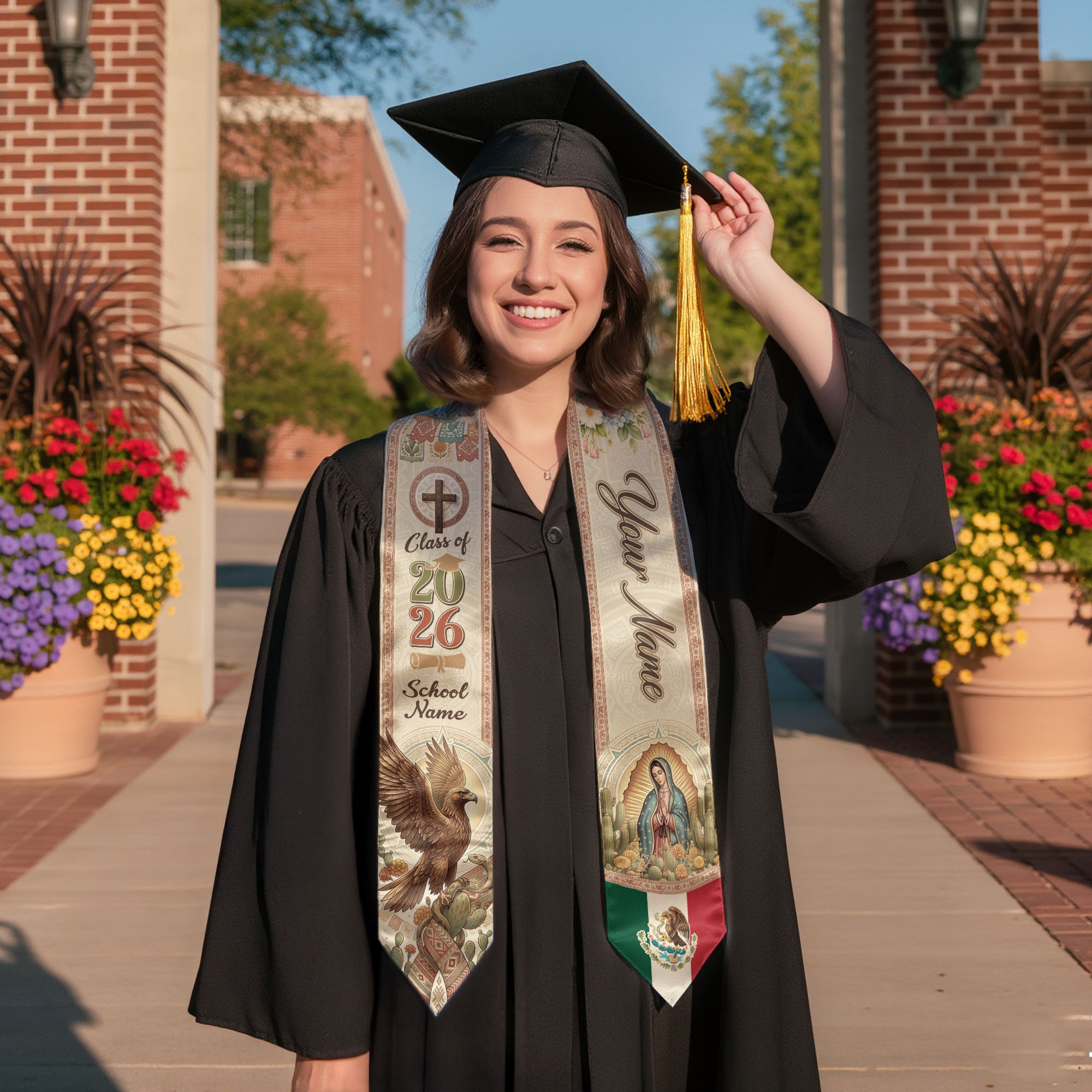 Custom Mexico Graduation Stole 2026 - Our Lady of Guadalupe & Eagle Heritage Sash