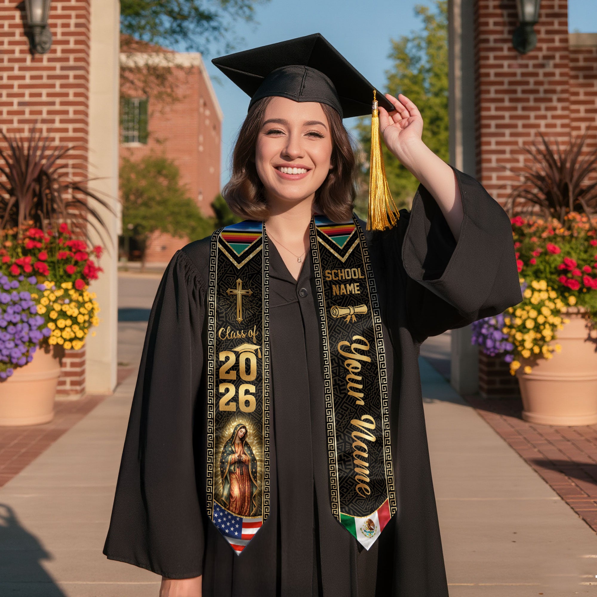 Mexico USA Graduation Stole Class of 2026 - Personalized Serape Heritage Gold Sash