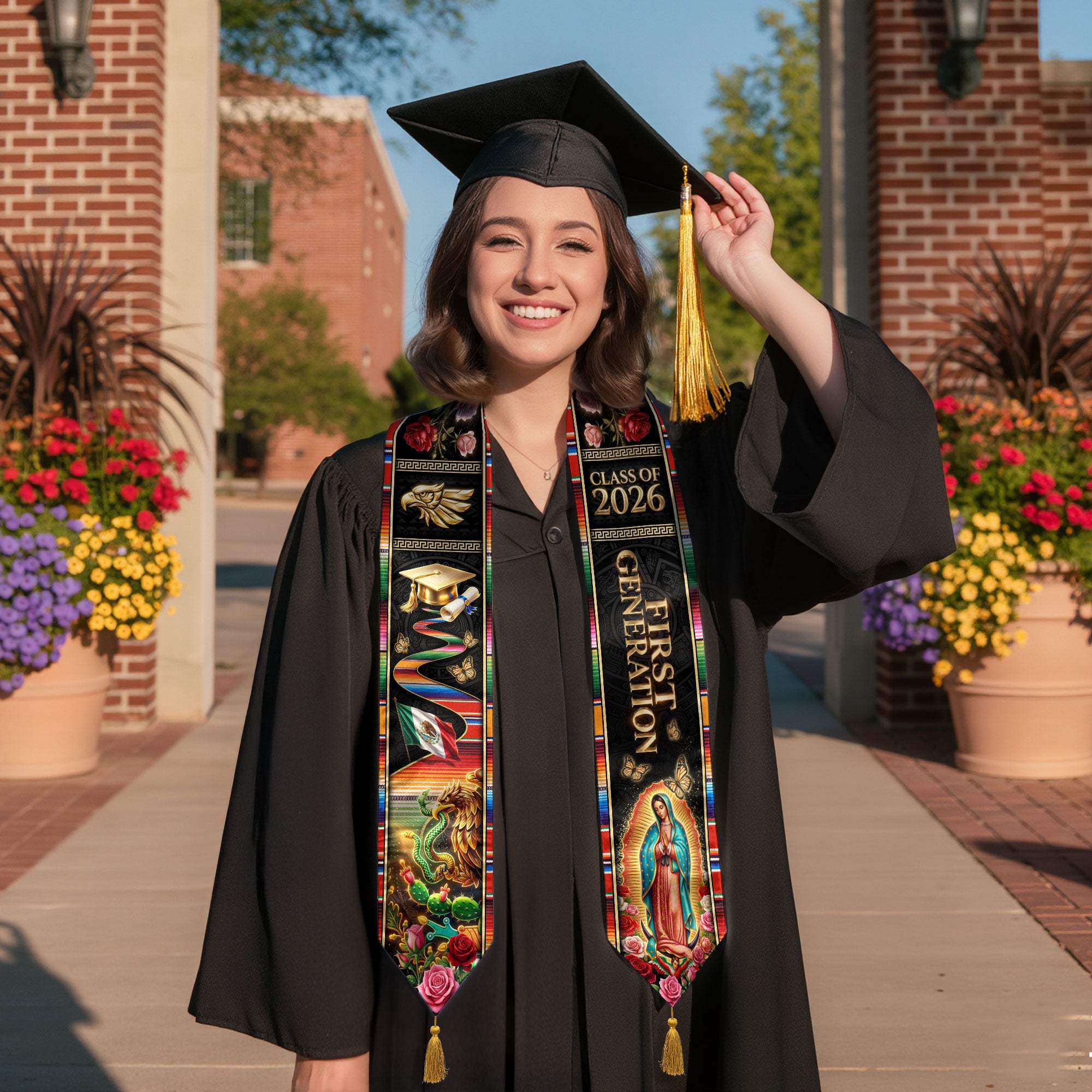 Class of 2026 Mexico Stole First Generation Guadalupe Aztec Eagle Rose Serape Tassel Sash