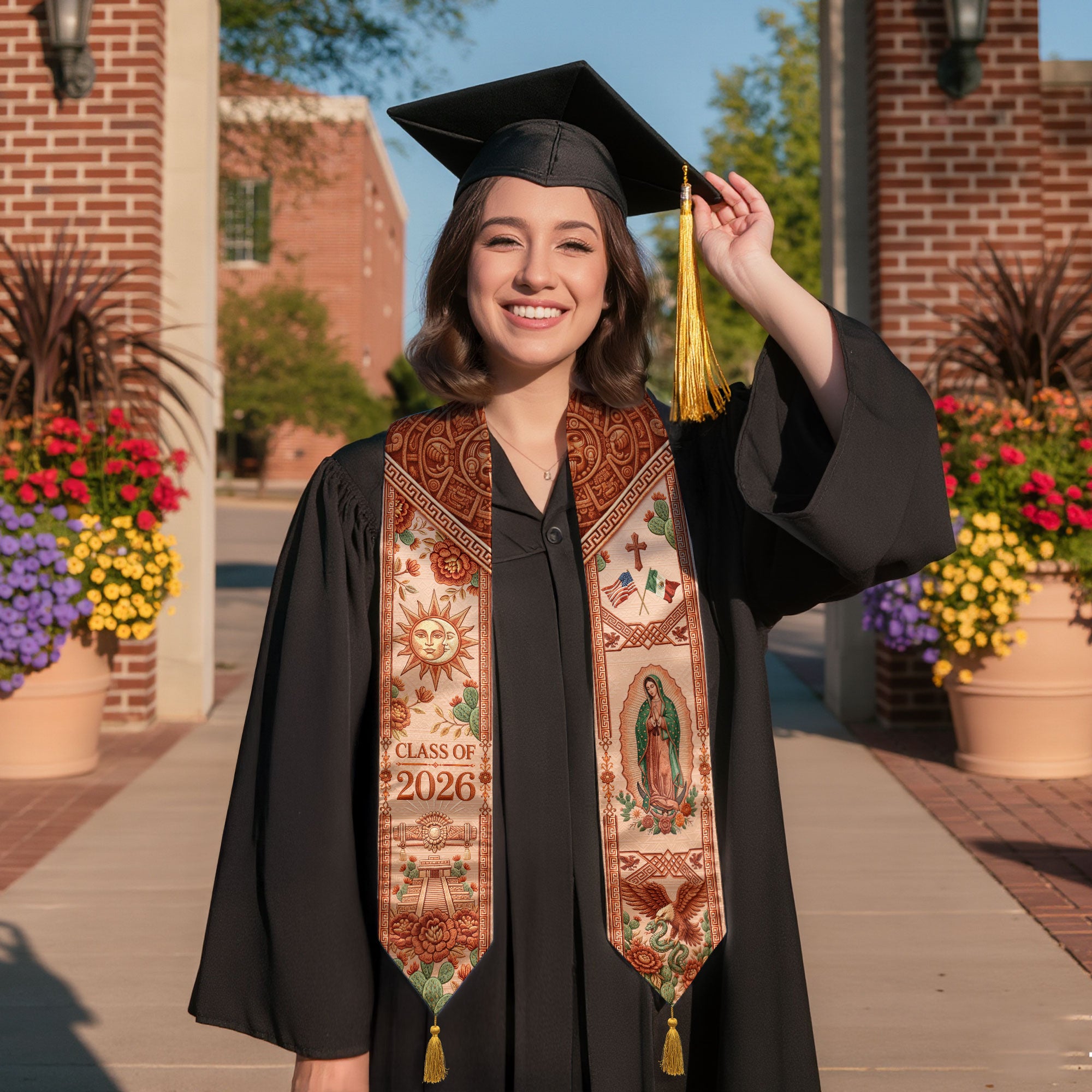 Mexico Graduation Stole Class of 2026 Sun Moon Chichen Itza Guadalupe Tassel Sash