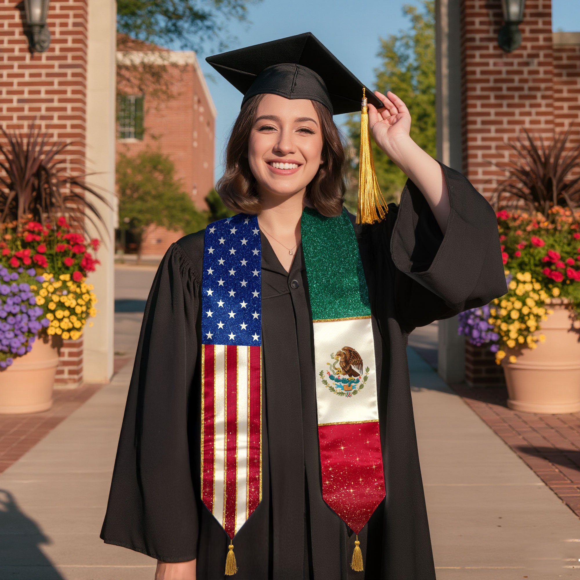Mexico USA Dual Flag Graduation Stole Glitter Heritage Tassel Sash Gift