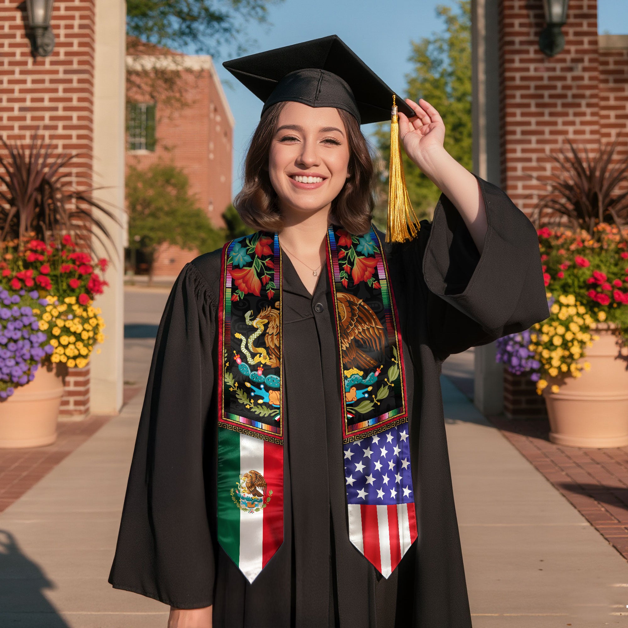 Mexican American Graduation Stole - Eagle Serpent Flag Sash Cultural Pride