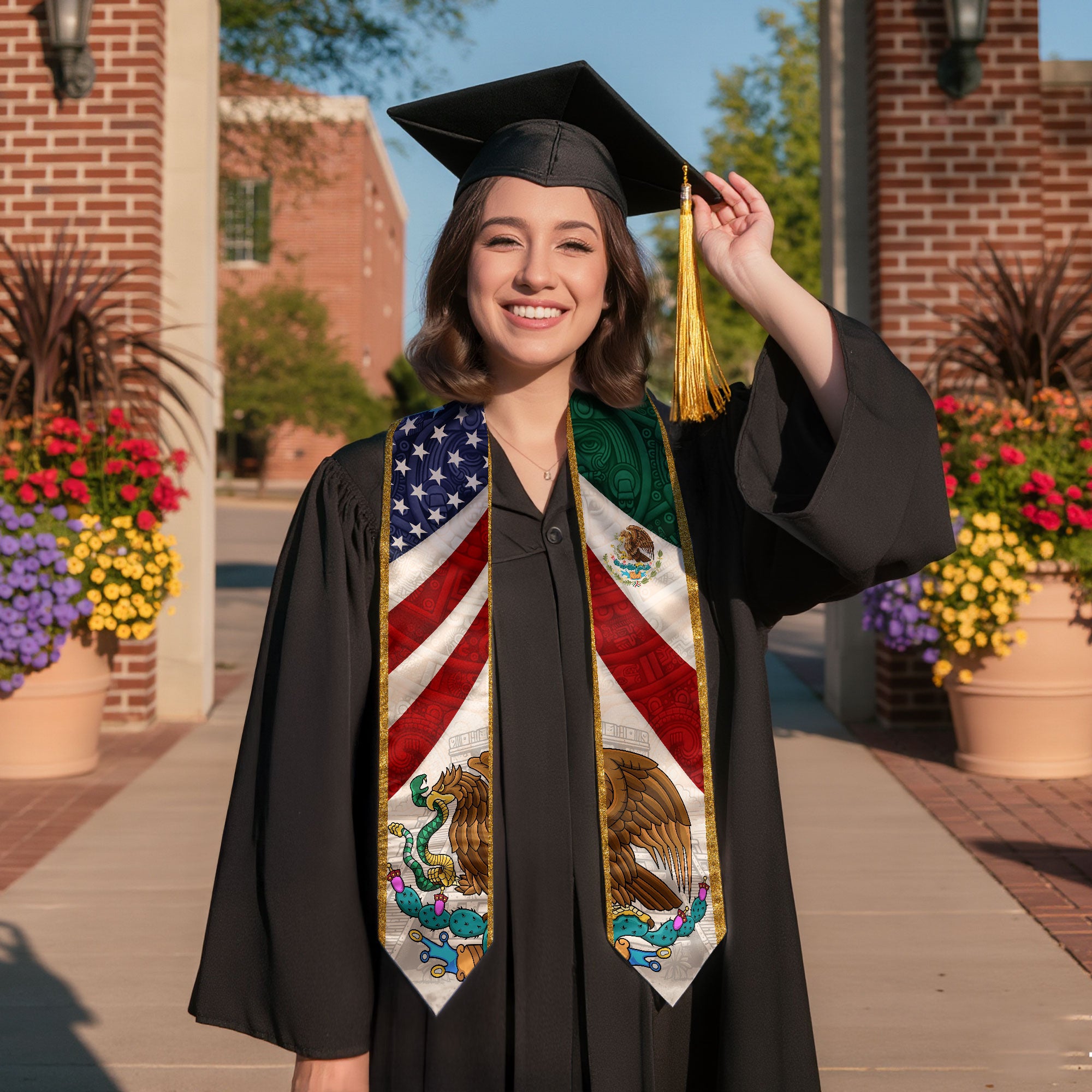 Mexican American Graduation Stole - Mexico USA Flag Sash Aztec Eagle Heritage