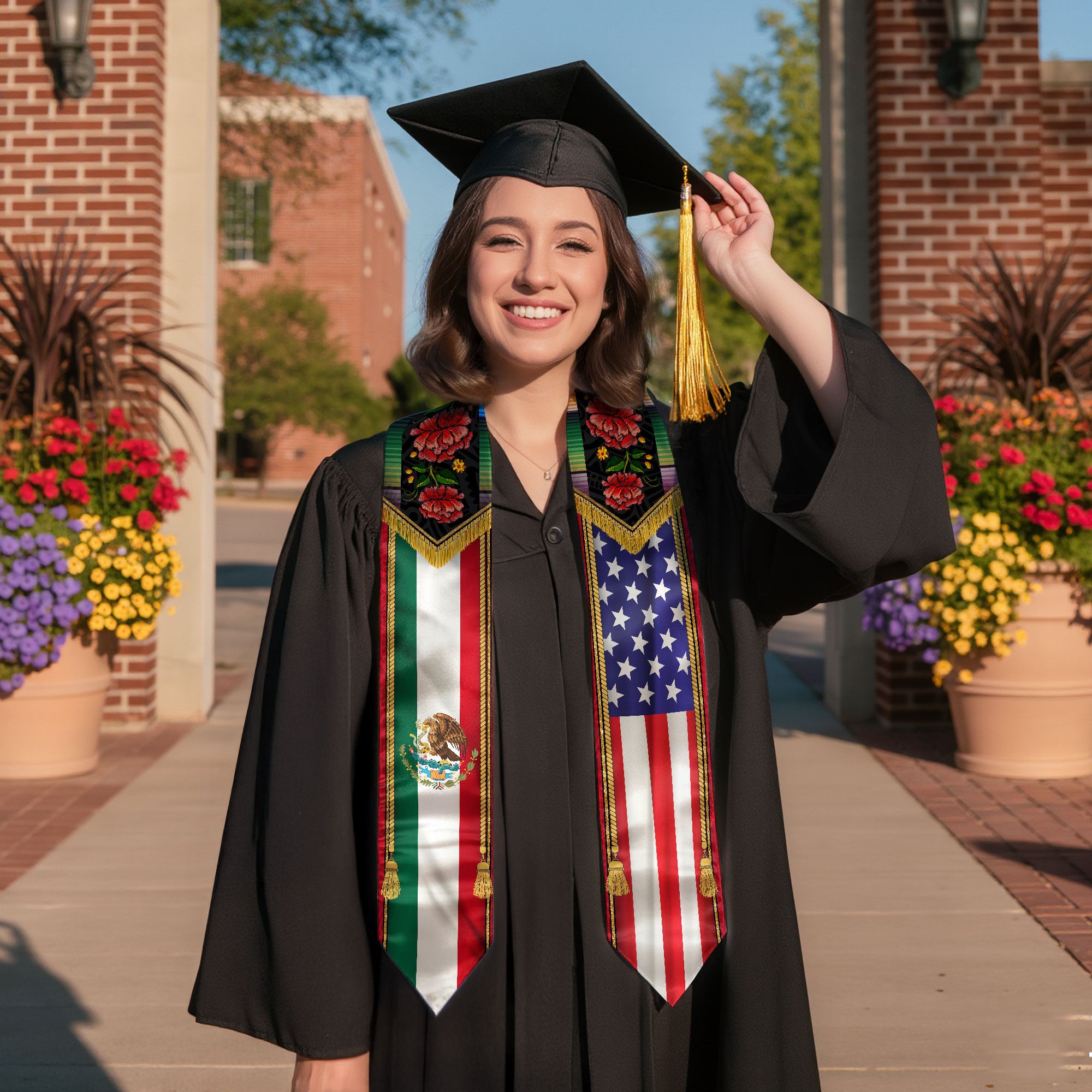 Mexico USA Floral Graduation Stole - Mexican American Heritage Serape Sash