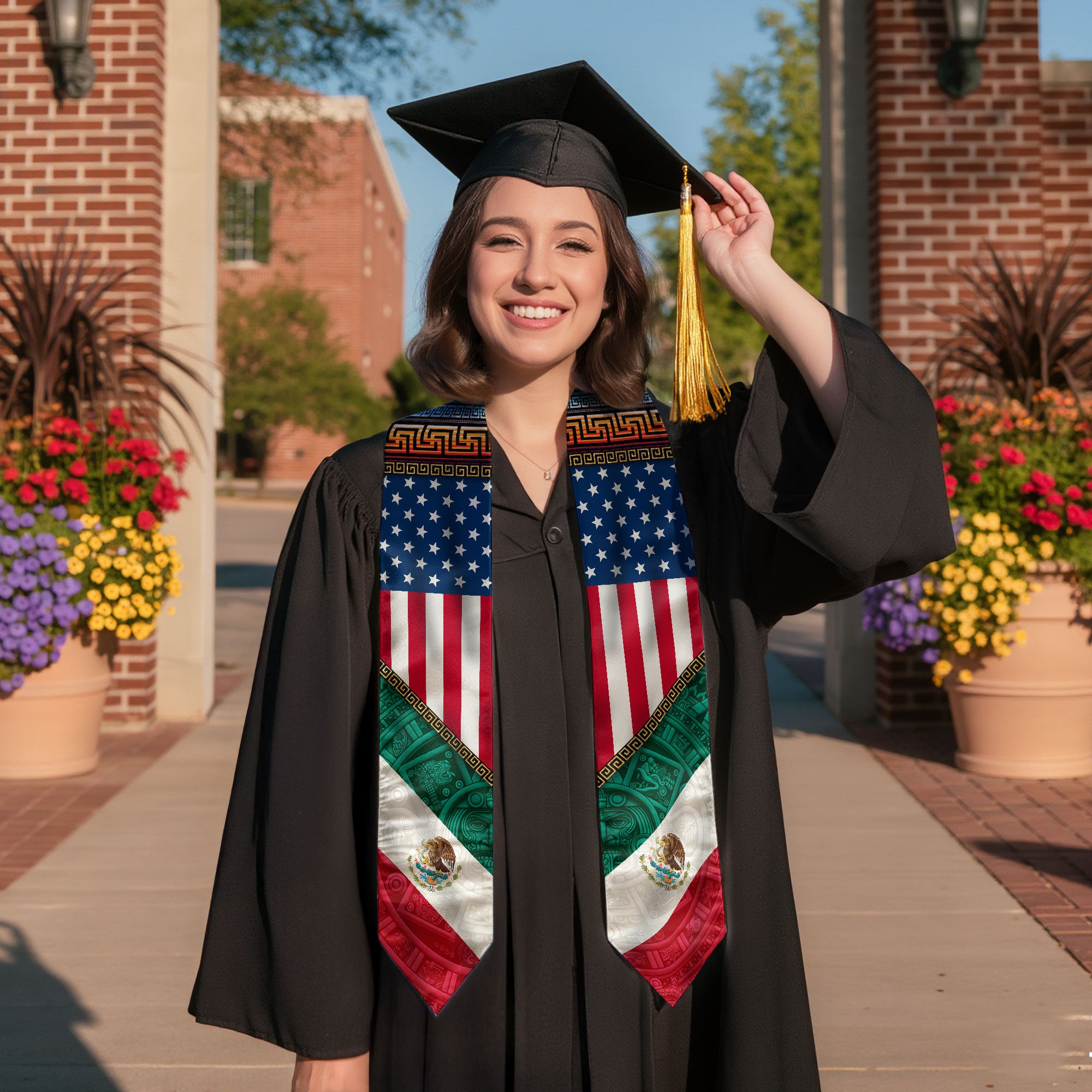 Mexico USA Flag Graduation Stole - Aztec Pattern Mexican American Heritage Sash