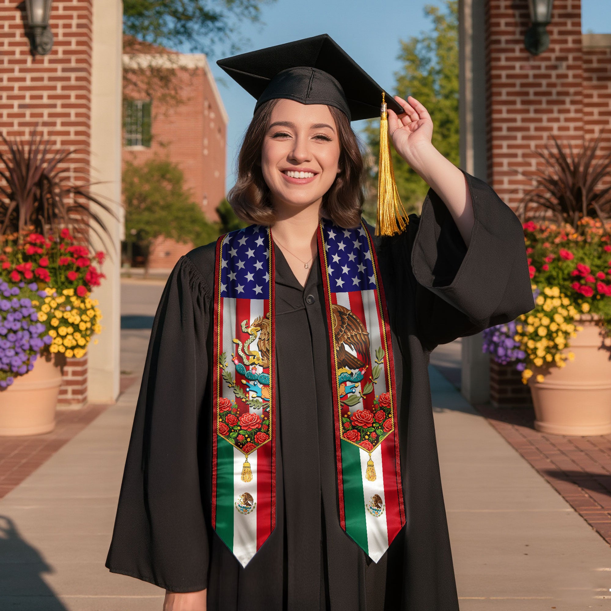 Mexico USA Flag Graduation Stole - Mexican American Heritage Eagle Red Rose Sash
