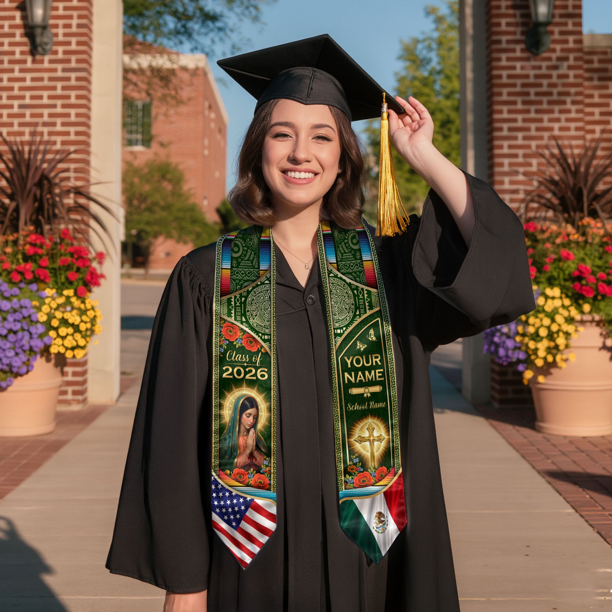 Custom Mexico USA Flag Graduation Stole 2026 Virgin Mary Heritage Sash