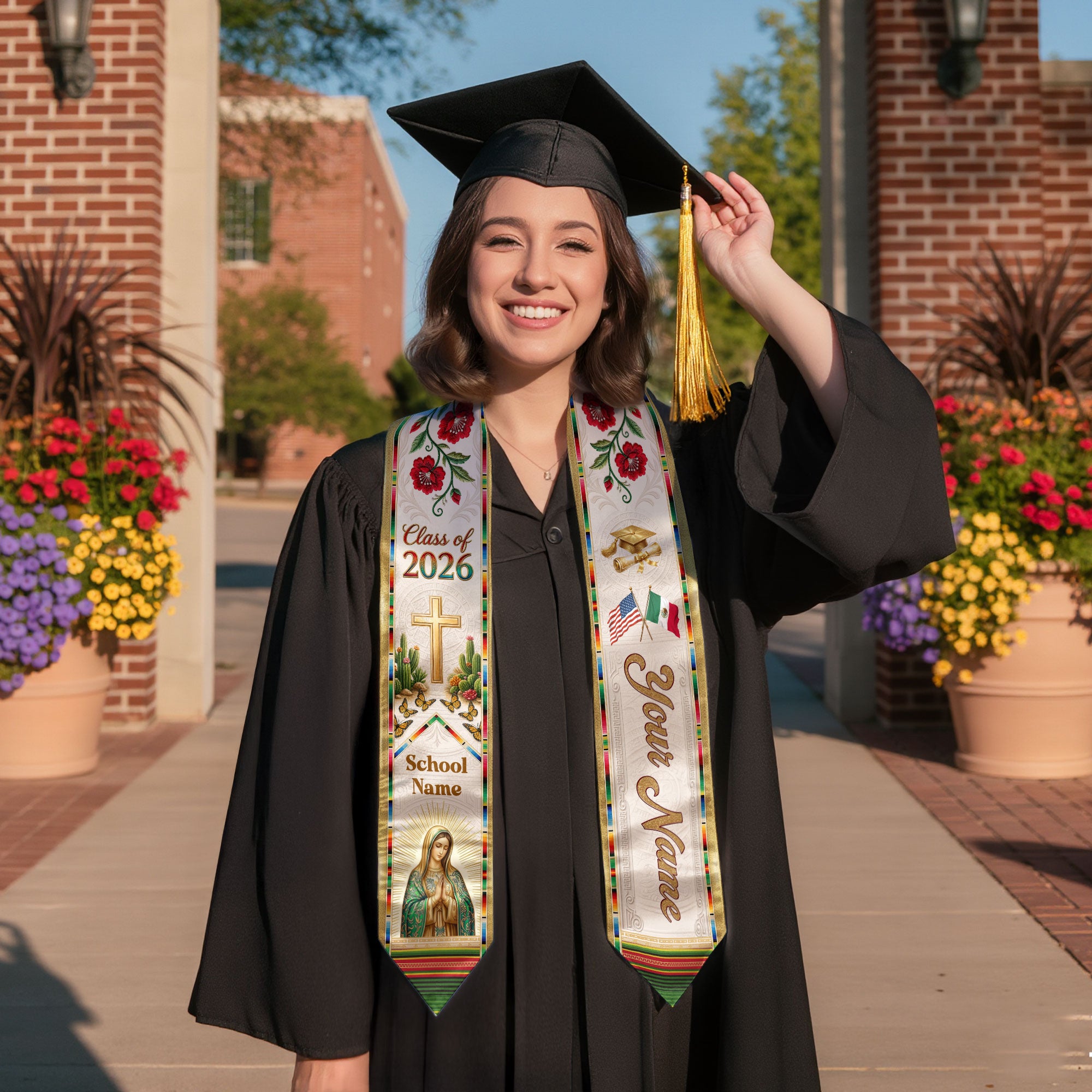 Mexican Heritage Graduation Stole 2026 - Custom Name School Virgin Mary Cross Floral Sash