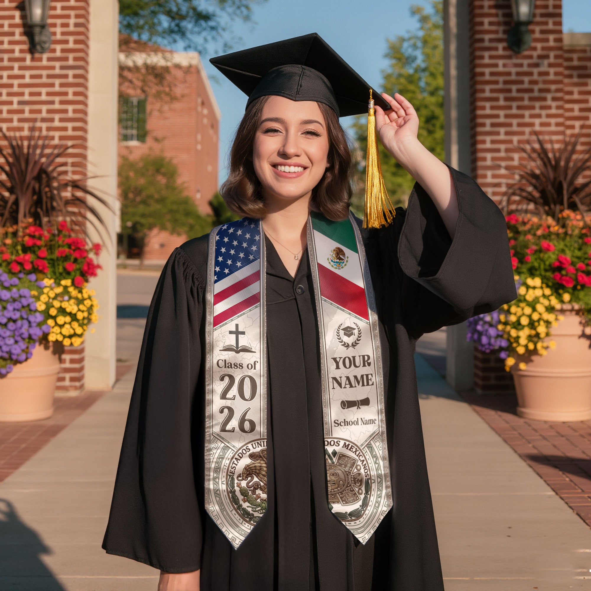 USA Mexico Dual Citizenship Graduation Stole 2026 - Personalized Name & School Sash