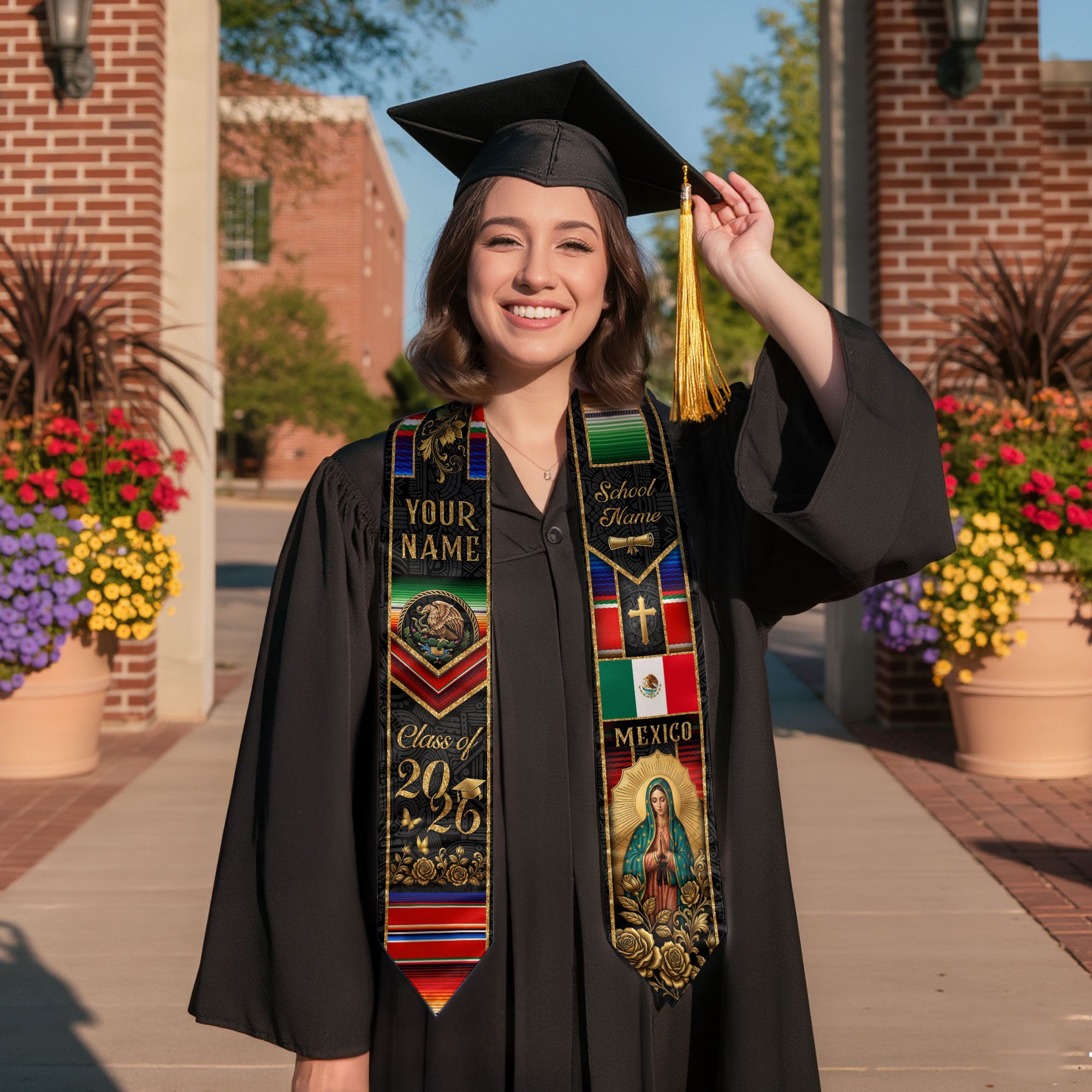 Mexican Heritage Graduation Stole 2026 - Custom Name School Eagle Virgin Mary Gold Sash