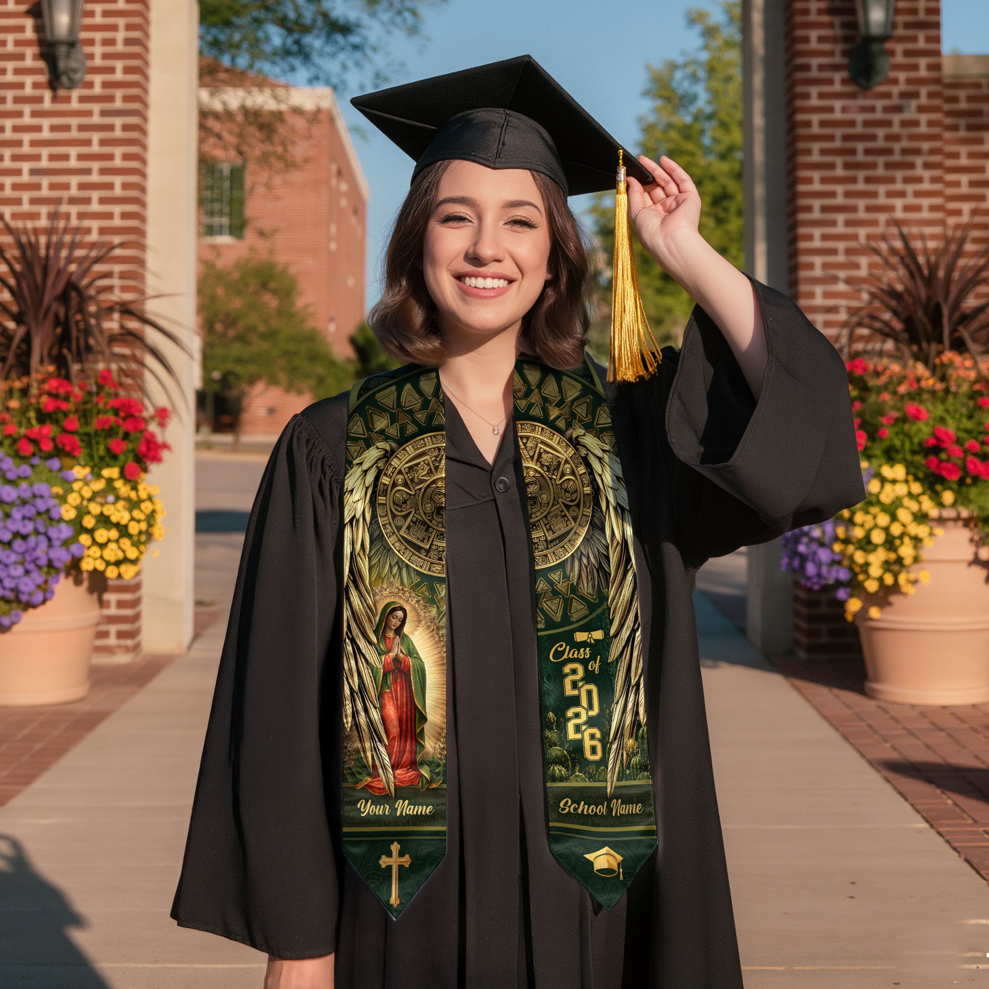 Mexico Graduation Stole 2026 Virgin Mary Aztec Calendar Personalized Heritage Sash