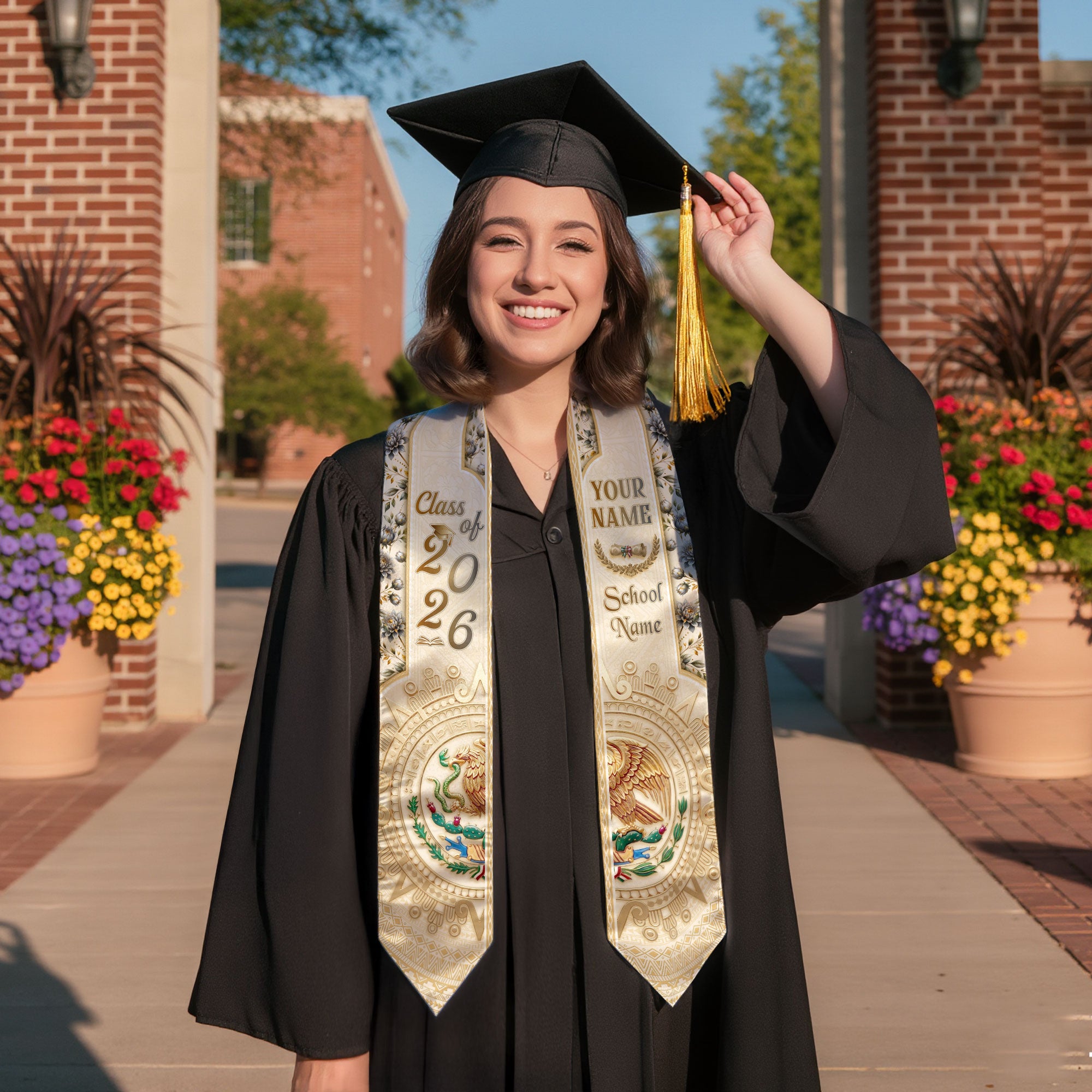 Mexico Graduation Stole 2026 Eagle Mexican American Heritage Personalized Cream Sash