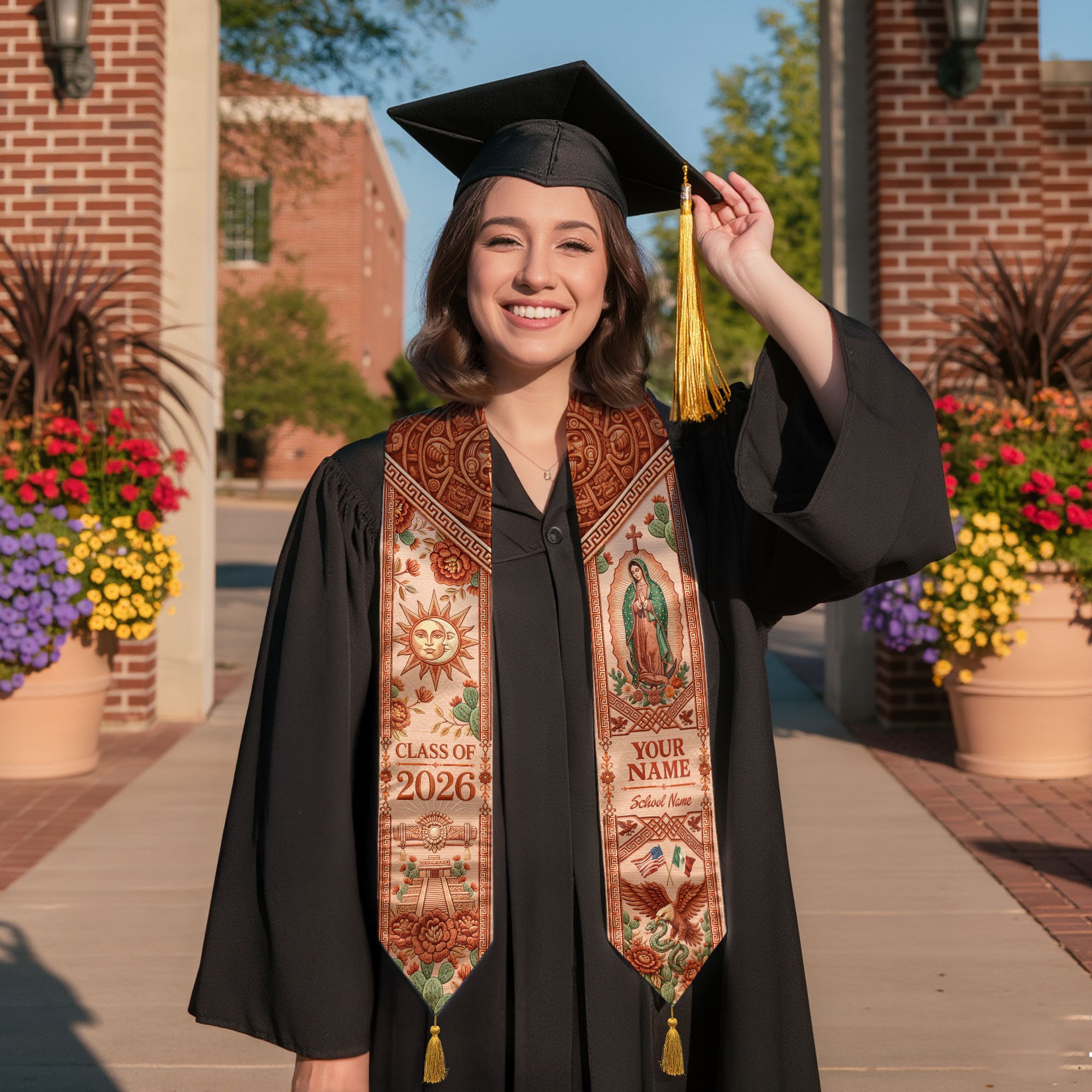 Personalized Mexico Graduation Stole 2026 Tassels Virgin Mary Terracotta Aztec Sash