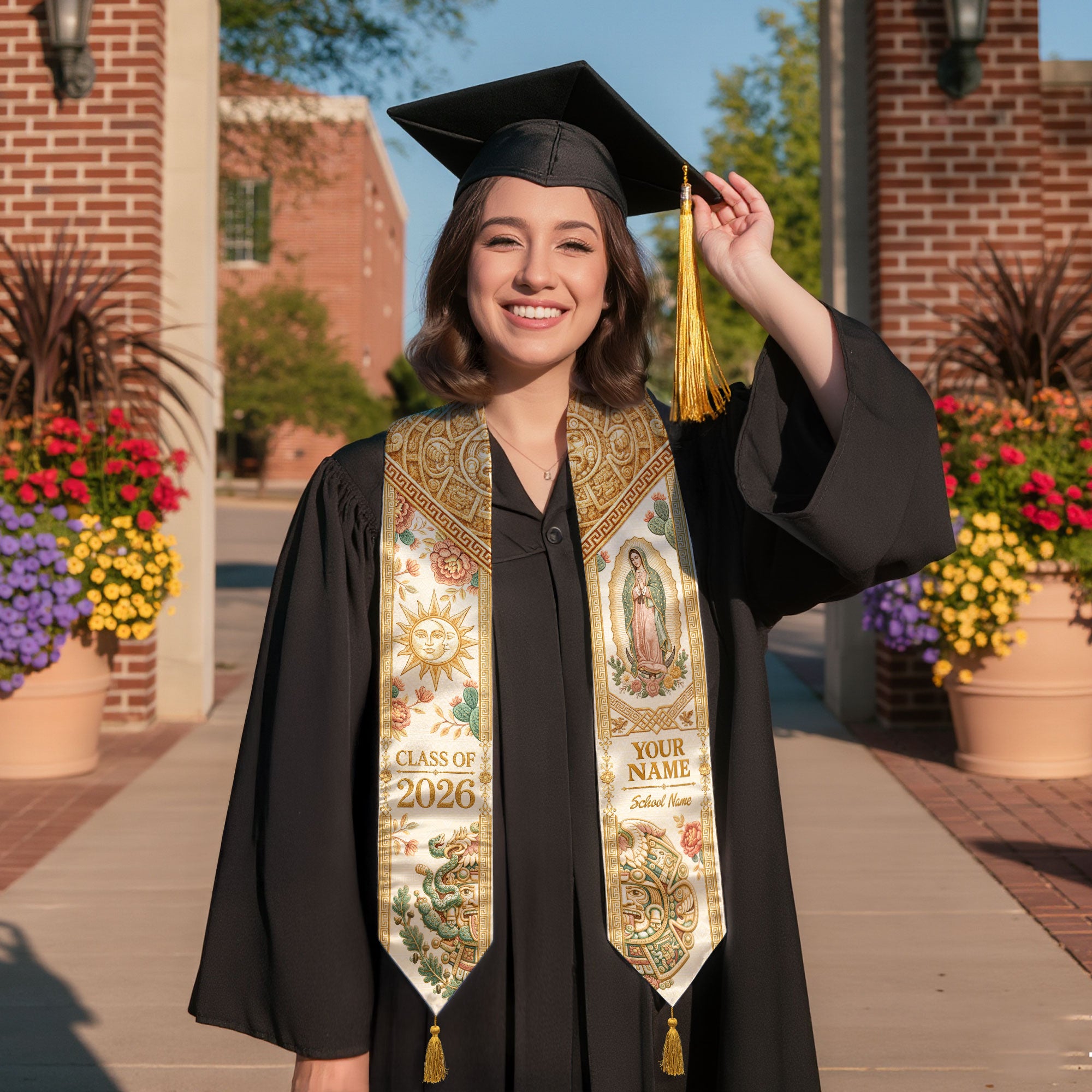 Custom Mexico Graduation Stole 2026 Tassels Virgin Mary Ivory Aztec Gold Sash