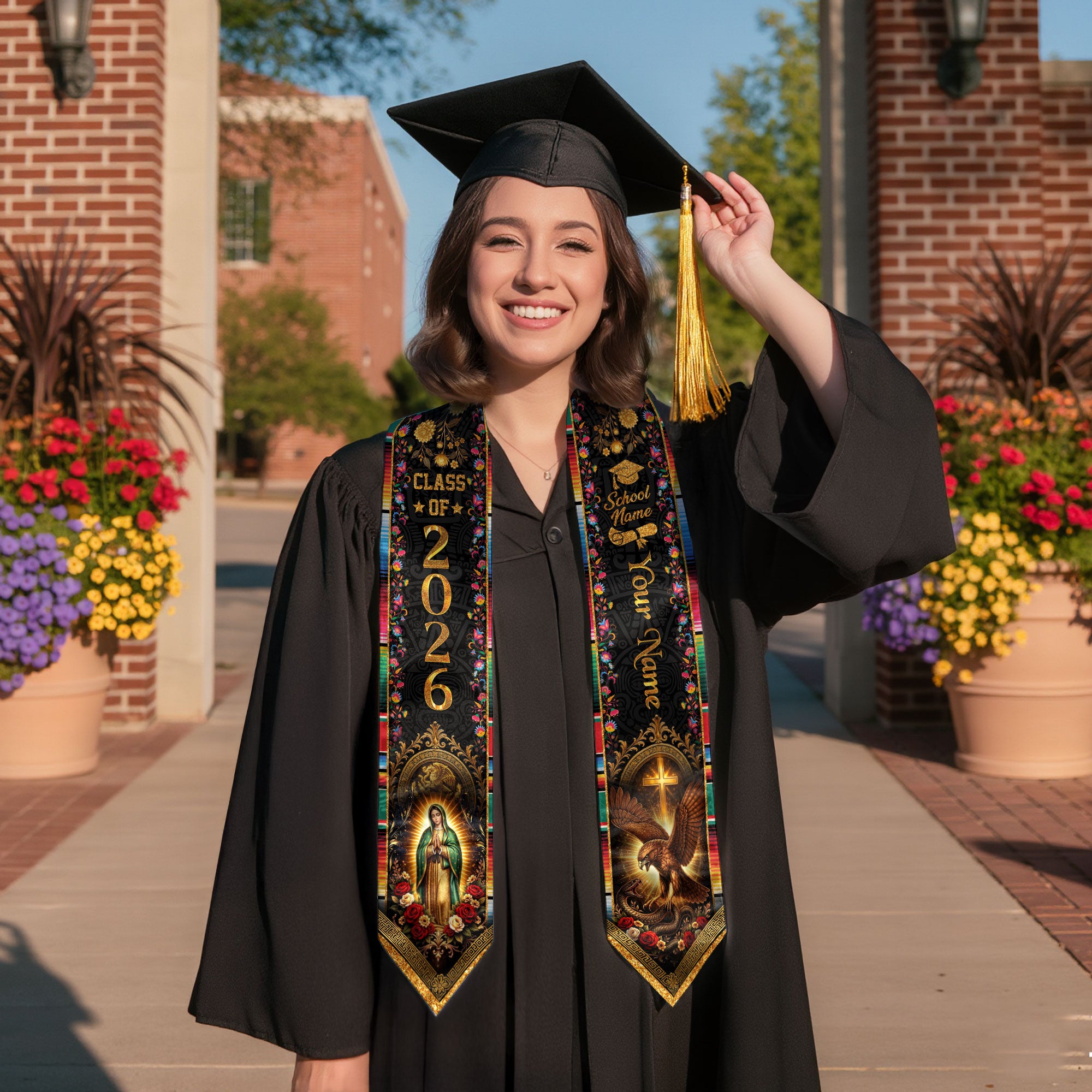 Mexico Graduation Stole Custom Class of 2026 Virgin Mary Aztec Eagle Serape Sash
