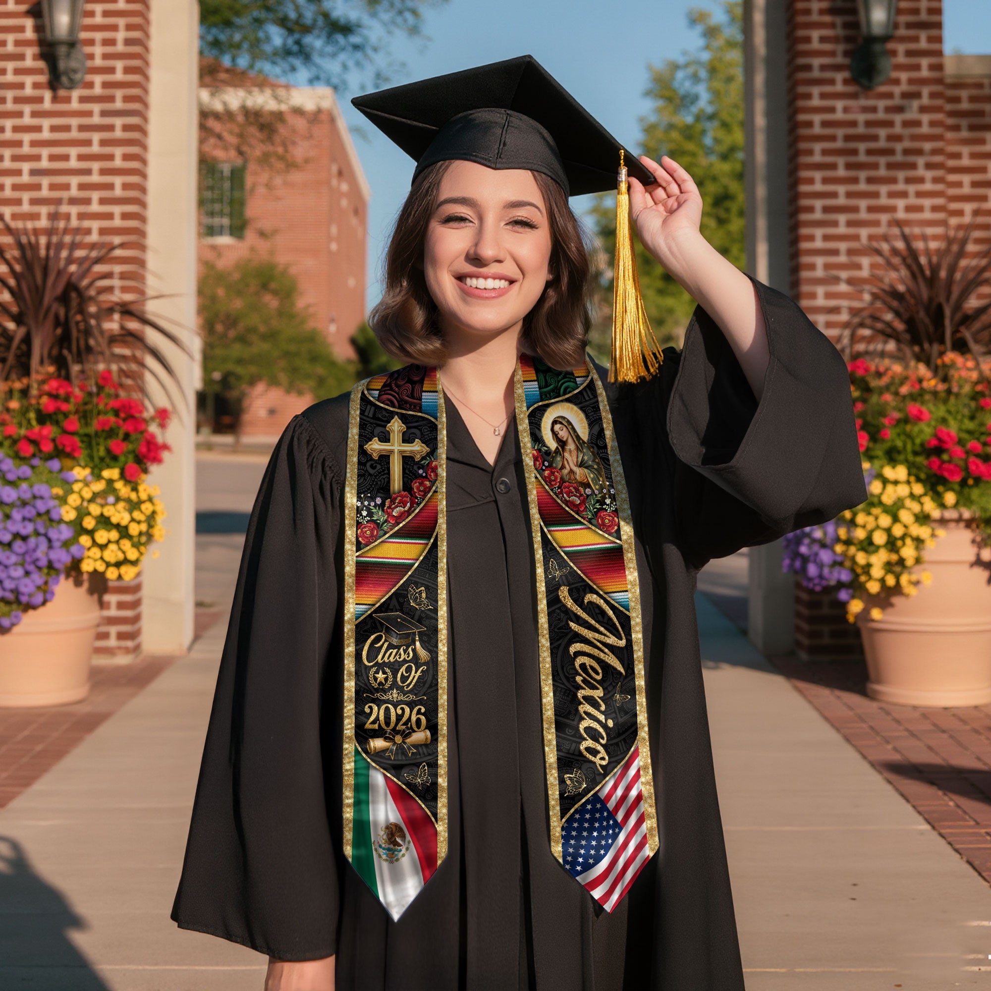 Mexico Stole Graduation 2026 Virgin Mary Cross Gold Glitter Mexican USA Flag Serape