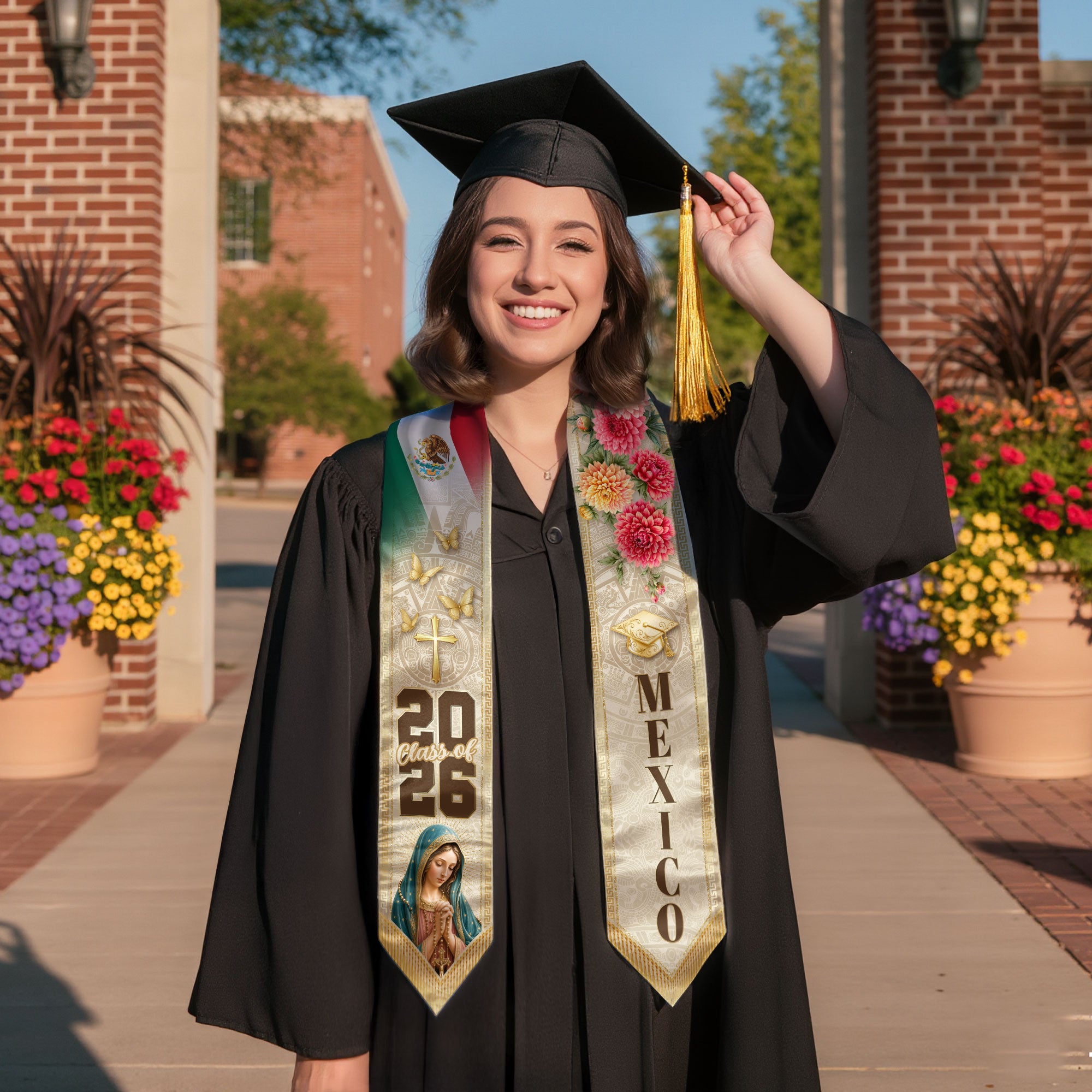 Mexico Graduation Stole Class of 2026 Virgin Mary Cross Cream Floral Dahlia Mexican Flag