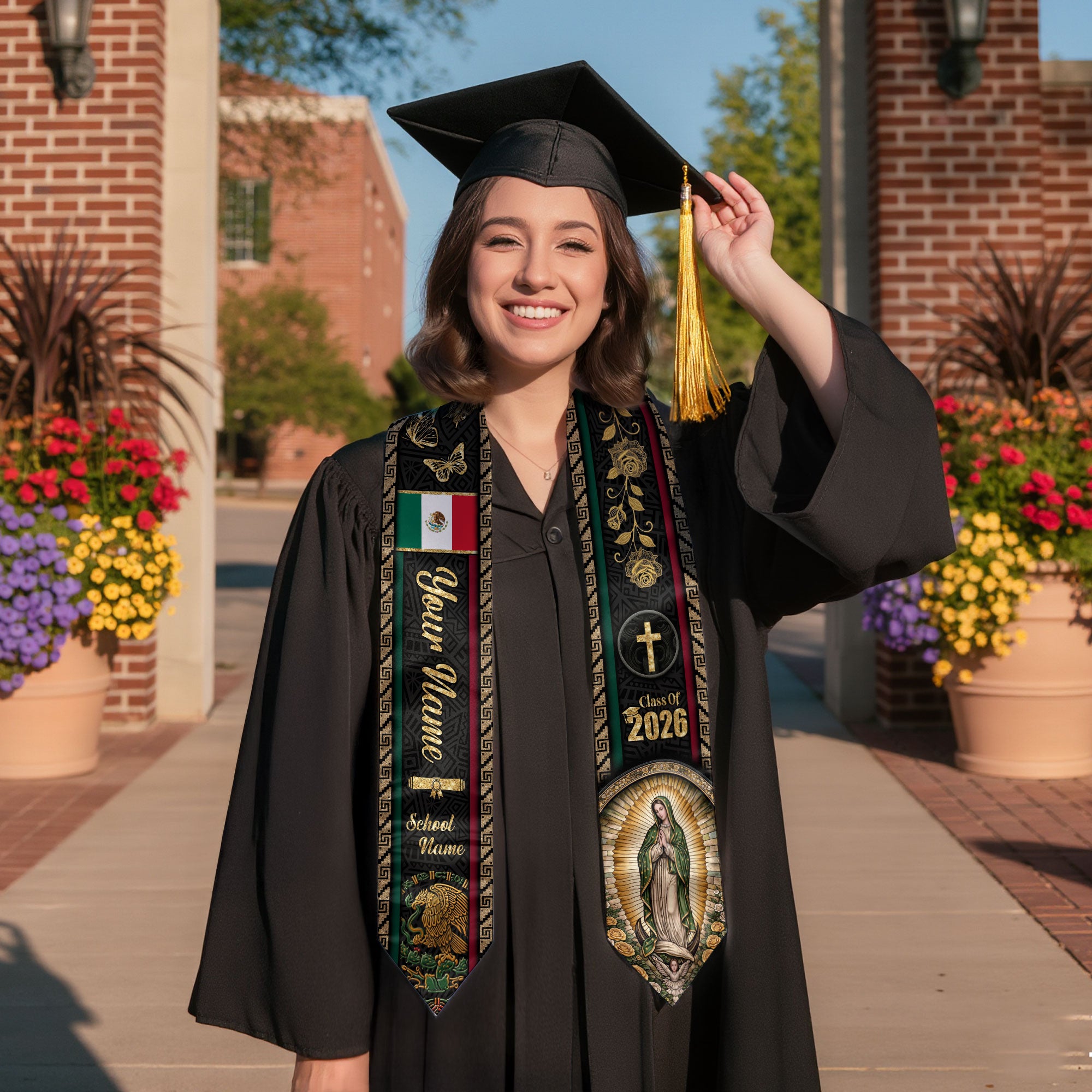 Mexico Graduation Stole 2026 - Personalized Virgin Mary Rose Butterfly Gold Sash