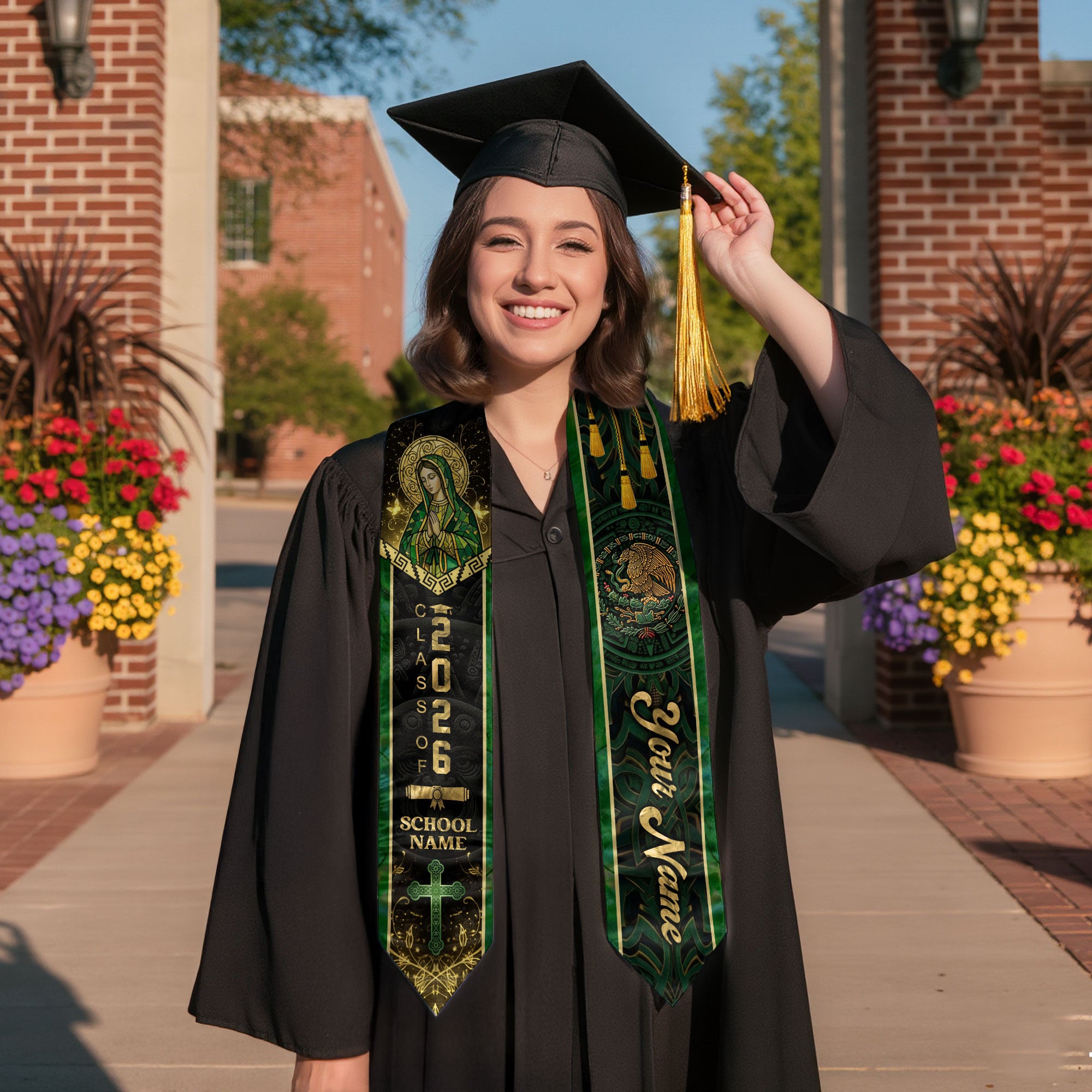 Mexican Heritage Graduation Stole 2026 - Custom Name Green Gold Virgin Mary Cross Sash