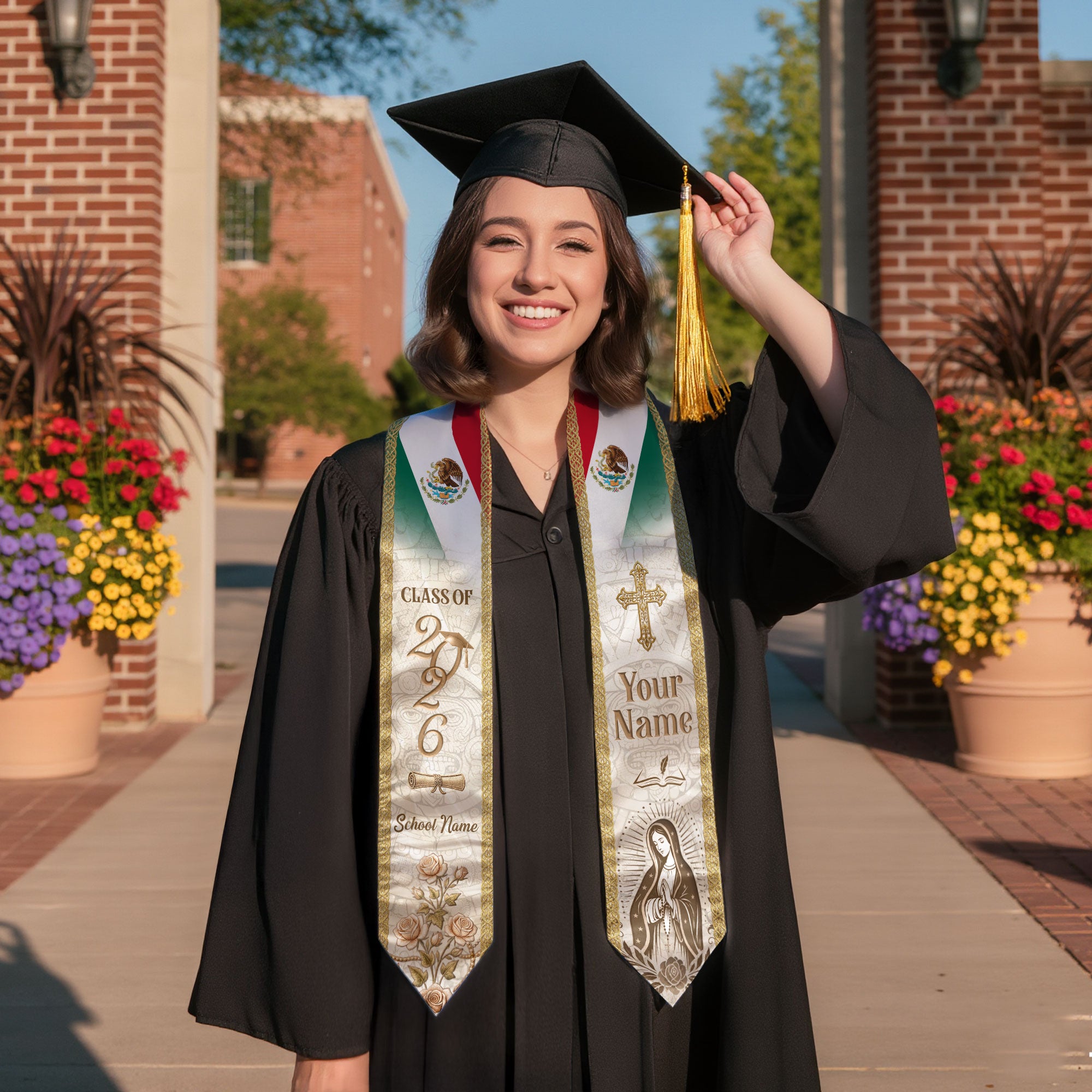Mexico Graduation Stole Class of 2026 - Custom Name School Rose Virgin Mary