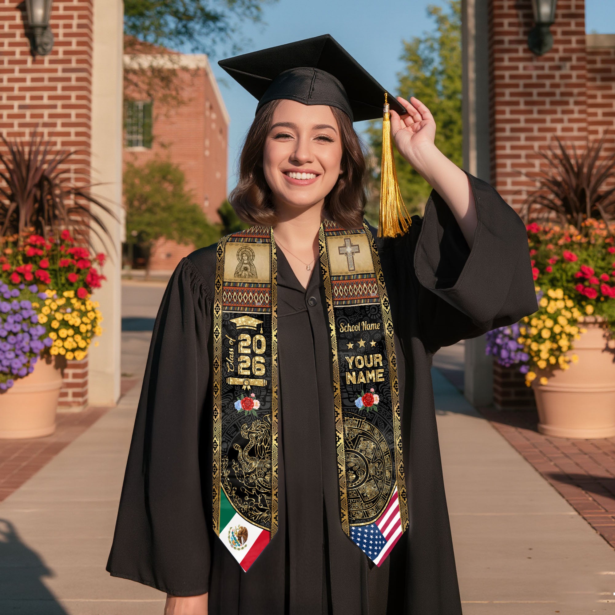 Mexico Graduation Stole 2026 Aztec Calendar Virgin Mary Personalized Sash Gift