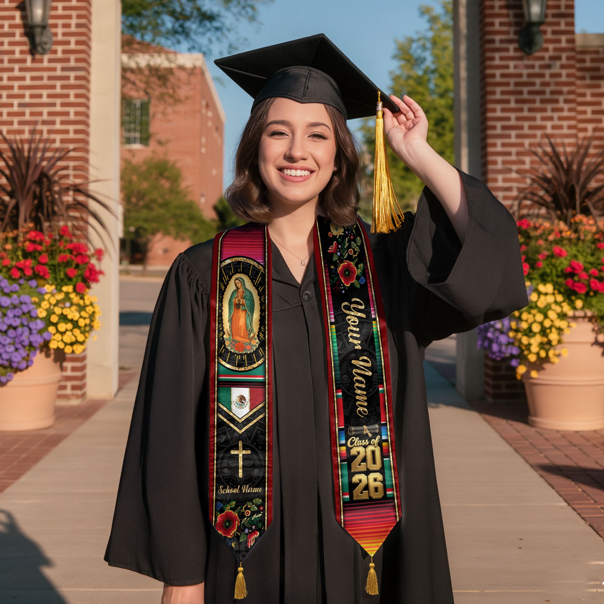 Custom Our Lady of Guadalupe Graduation Stole Tassel Class of 2026 Mexico Burgundy Sash