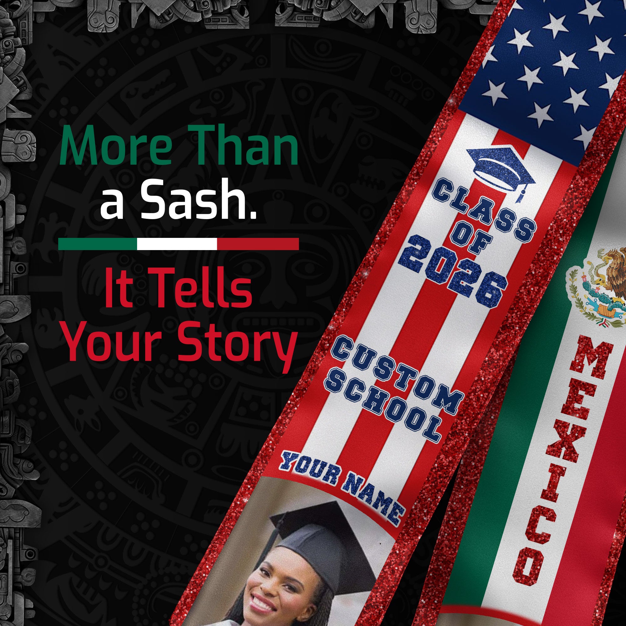 Custom Mexican Graduation Stole 2026 USA Mexico Flag Photo Class Cap School Name