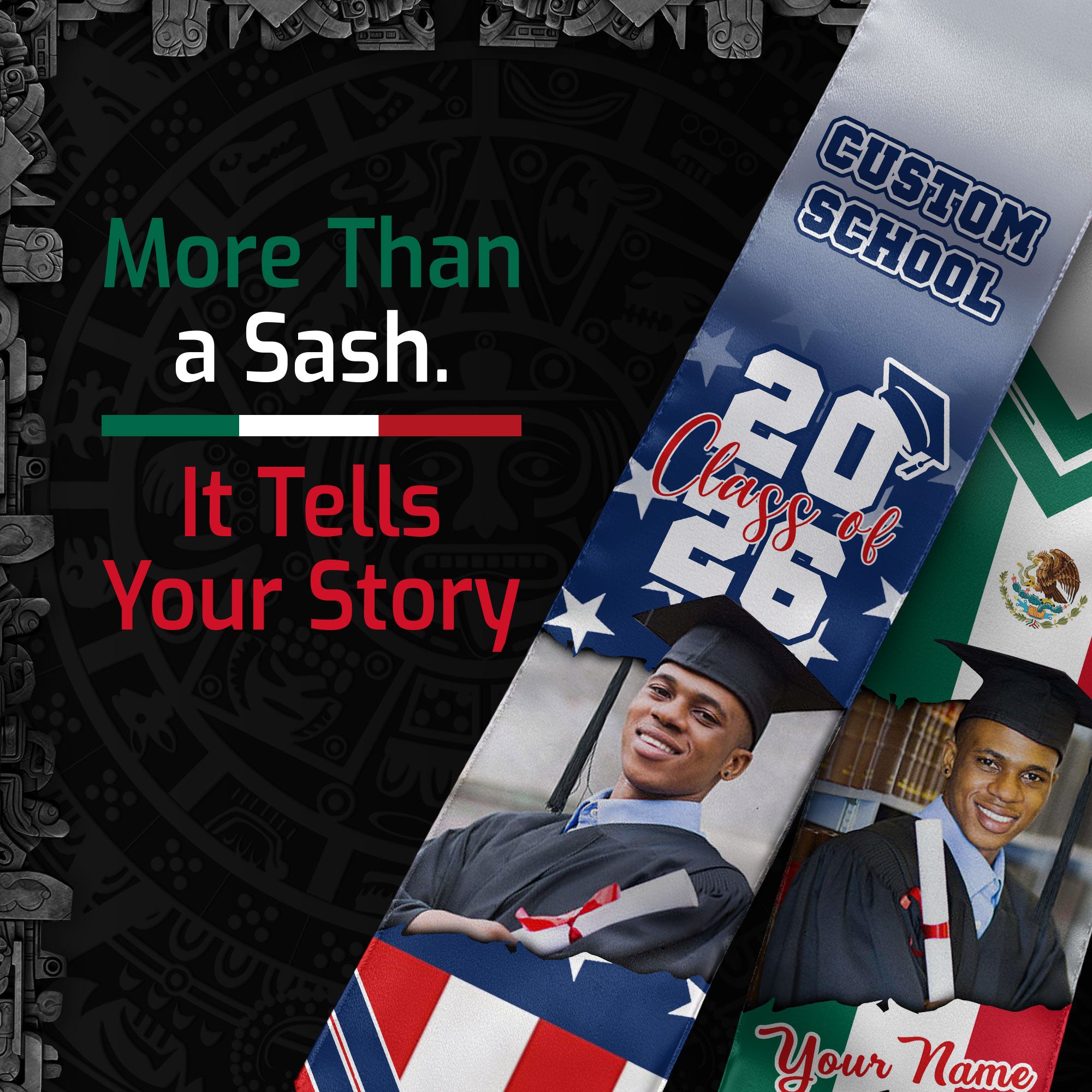 Custom Mexican Graduation Stole 2026 USA Flag Mexico Flag Photo Class School