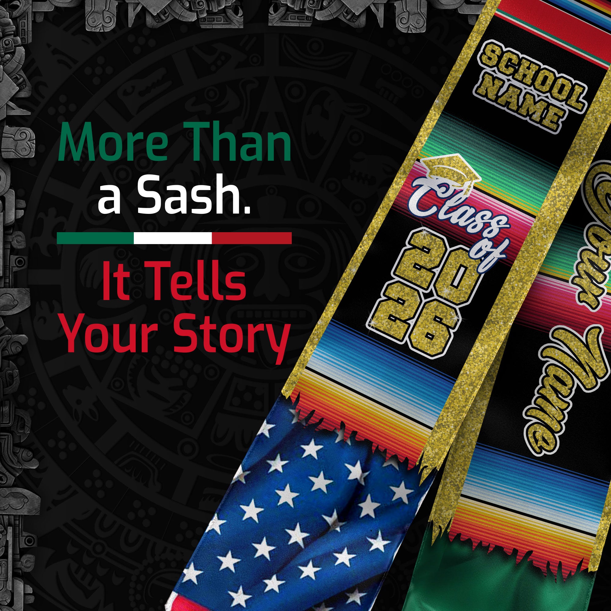 Custom Mexican Graduation Stole 2026 USA Mexico Flag Serape Gold Trim Sash