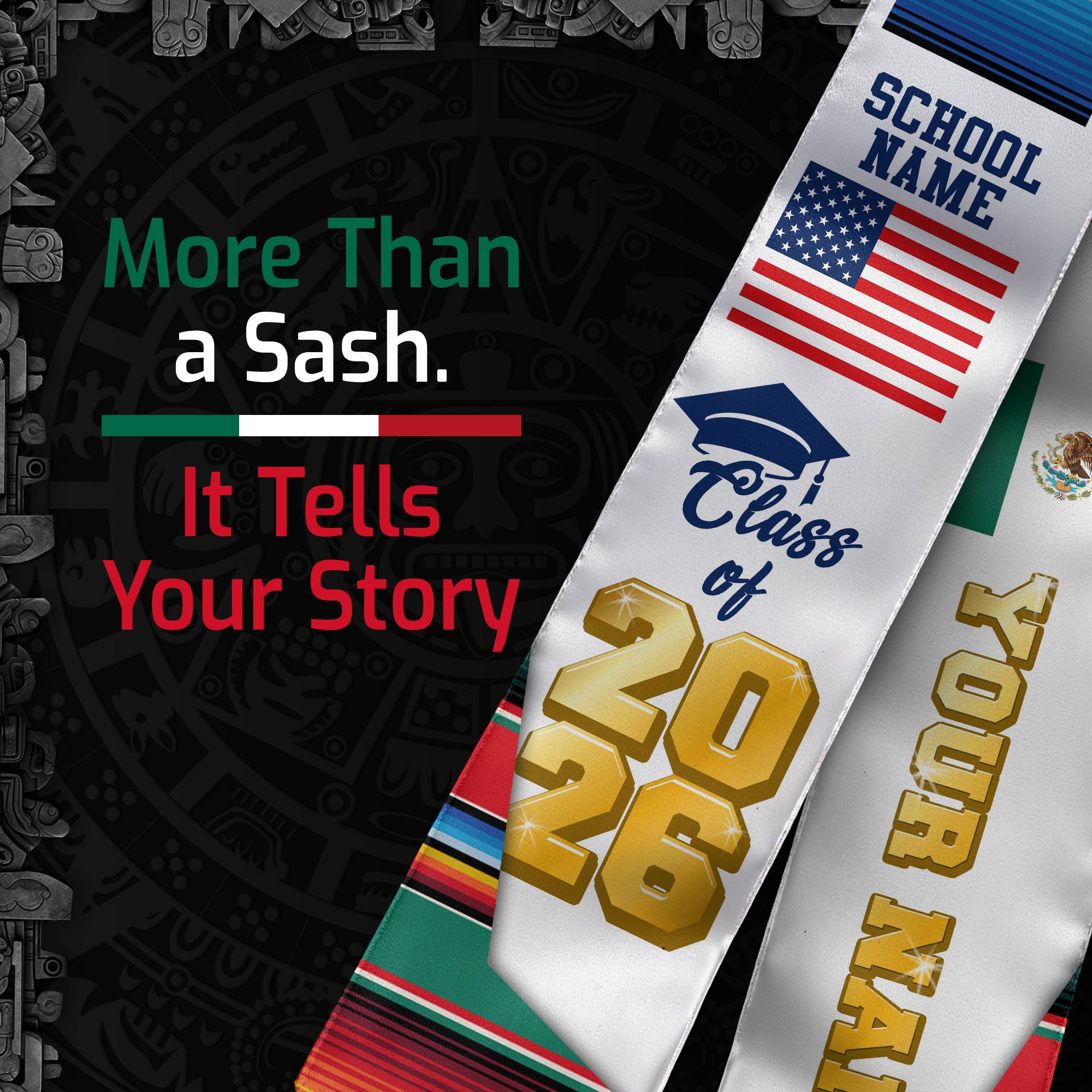 Custom Mexican Graduation Stole 2026 Aztec Pattern USA Mexico Flag Sash
