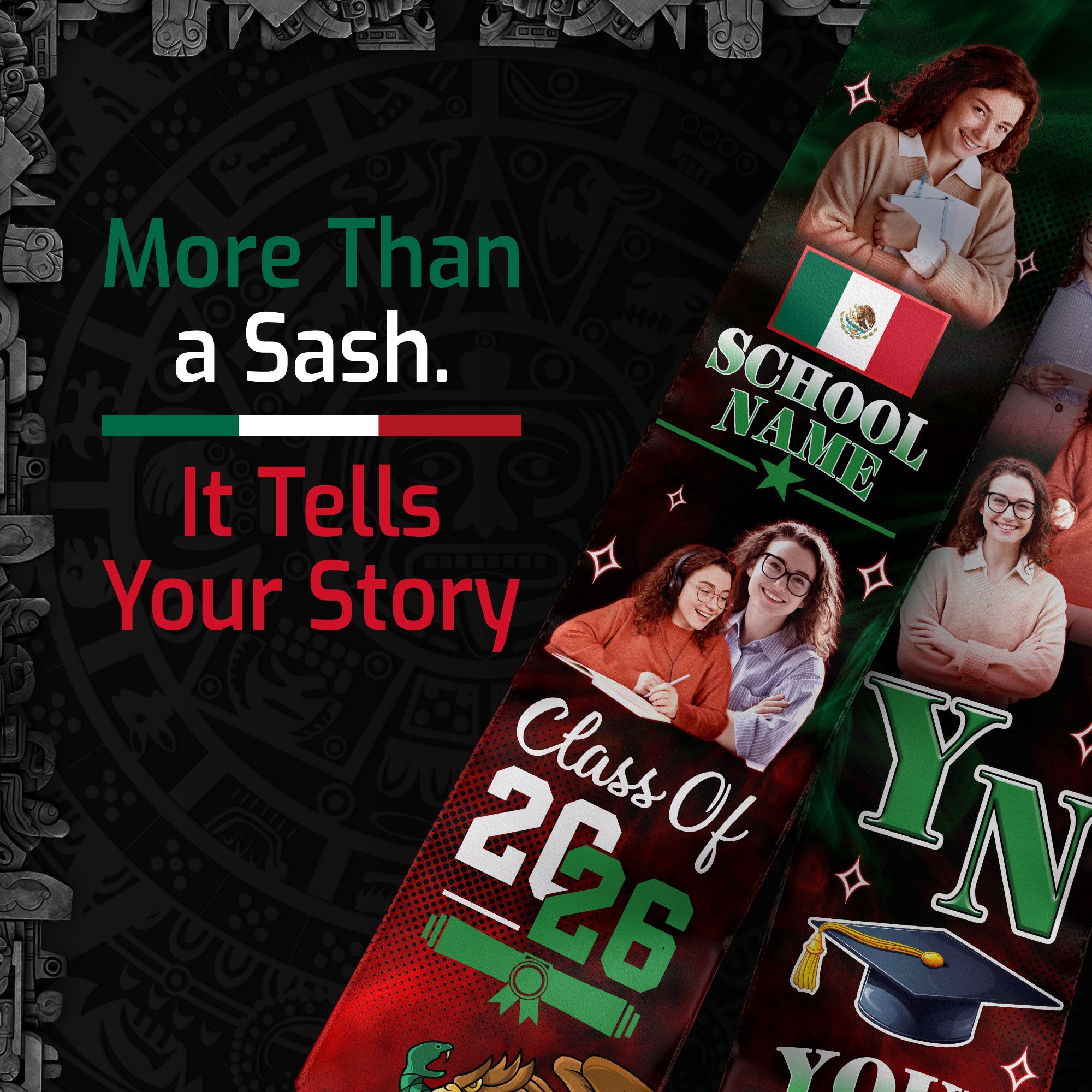 Custom Photo Mexico Aztec Graduation Stole 2026, Mexican Graduate Sash Honoring Heritage