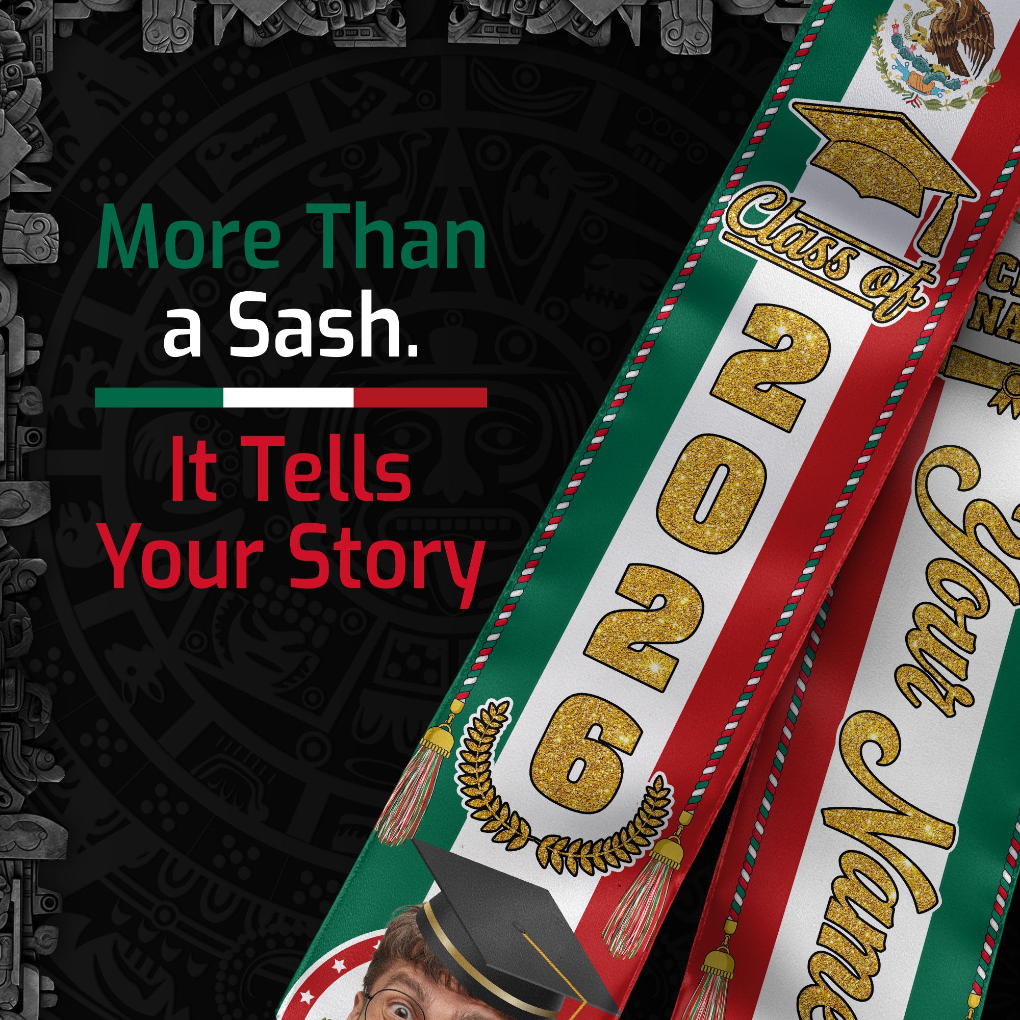 Custom Photo Mexican Aztec Stole 2026, Graduation Sash for Graduate Celebrating Mexico Pride