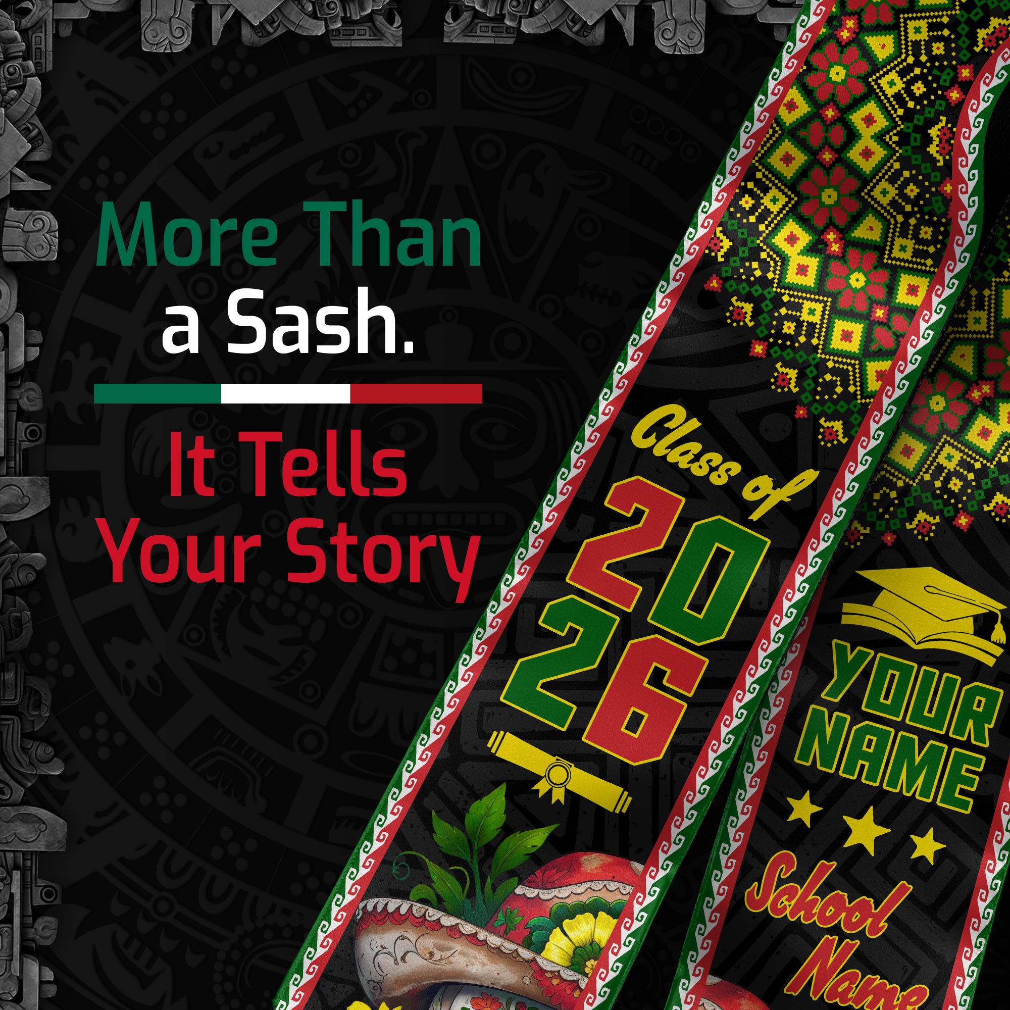 Aztec Mexican Mexico Stole 2026, Custom Graduation Sash for Accomplished Graduate