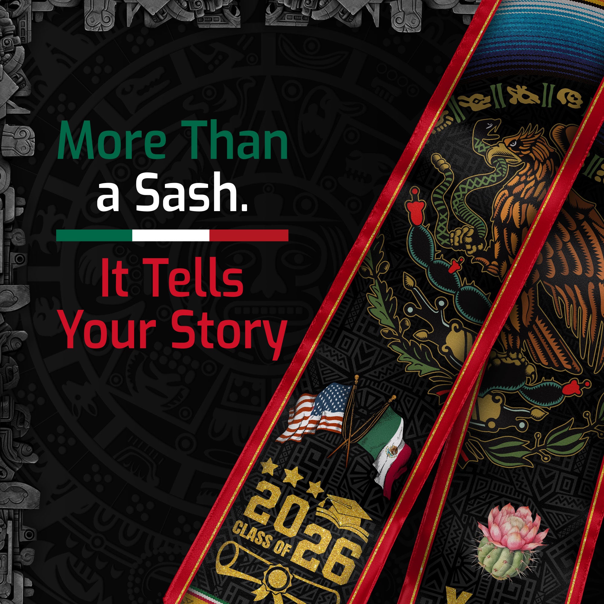 Aztec Mexico Custom Graduation Stole 2026, Mexican Sash for Graduate Honor
