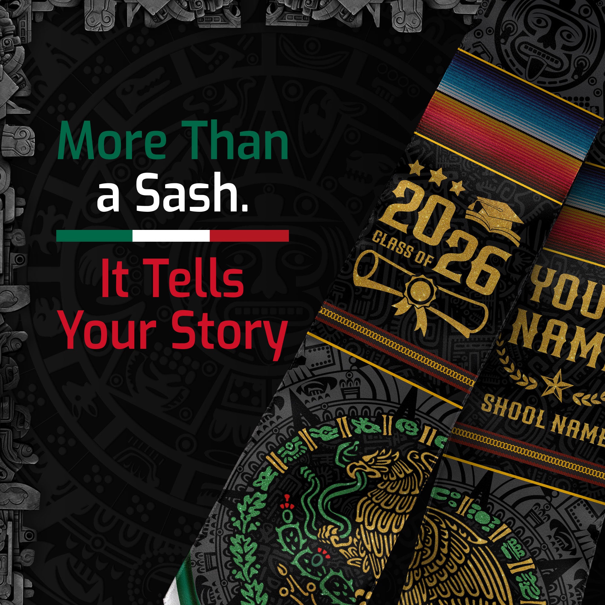 Custom Graduation Sash Mexico Aztec 2026, Mexican Stole for Graduate Recognition