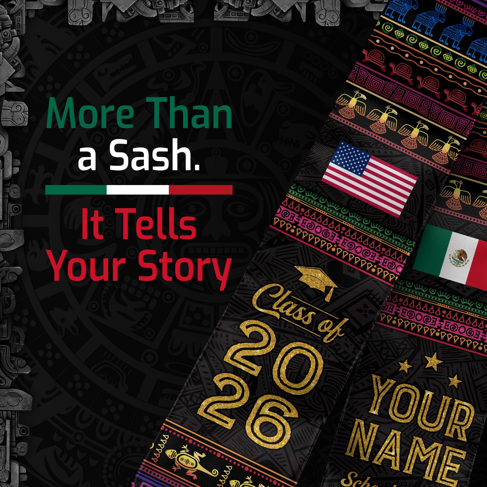Mexico Mexican Aztec Custom Stole 2026, Graduation Sash for Graduate Pride