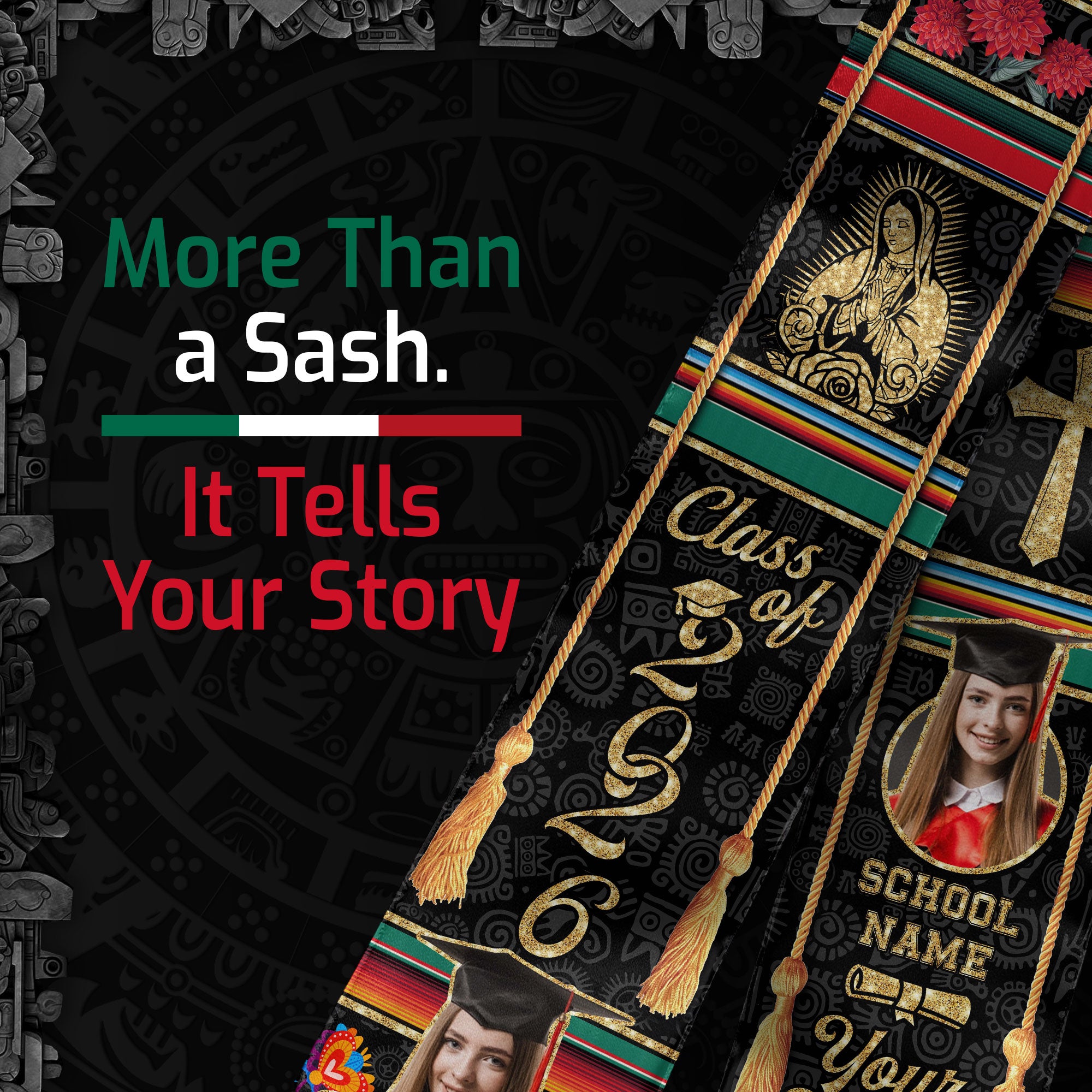 Custom Photo Mexican Graduation Stole 2026 Aztec Virgin Mary & Cross Graduation Sash Mexico
