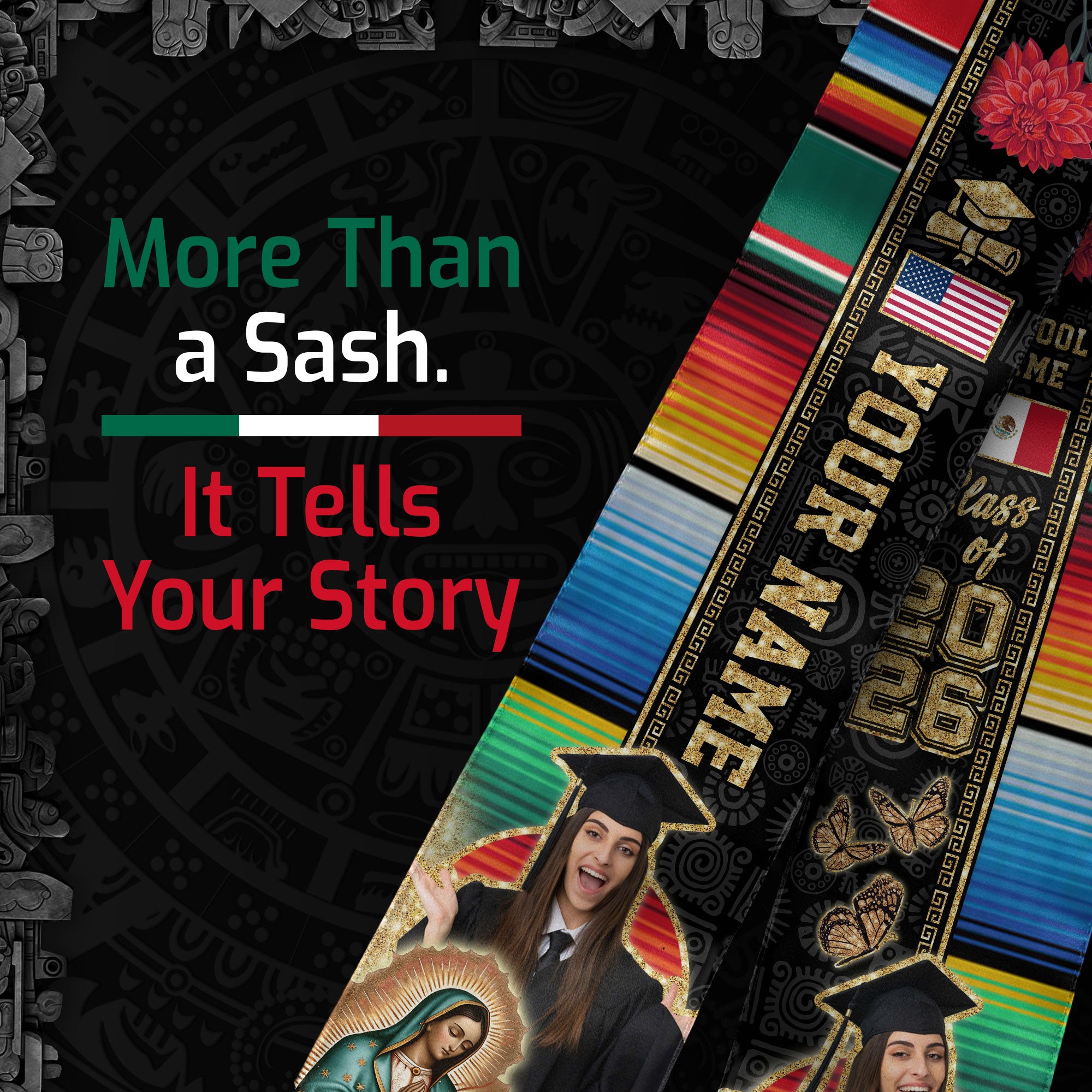 Graduation Stole Mexican with Aztec Patterns Serape USA & Mexico Flag Custom Photo Sash 2026