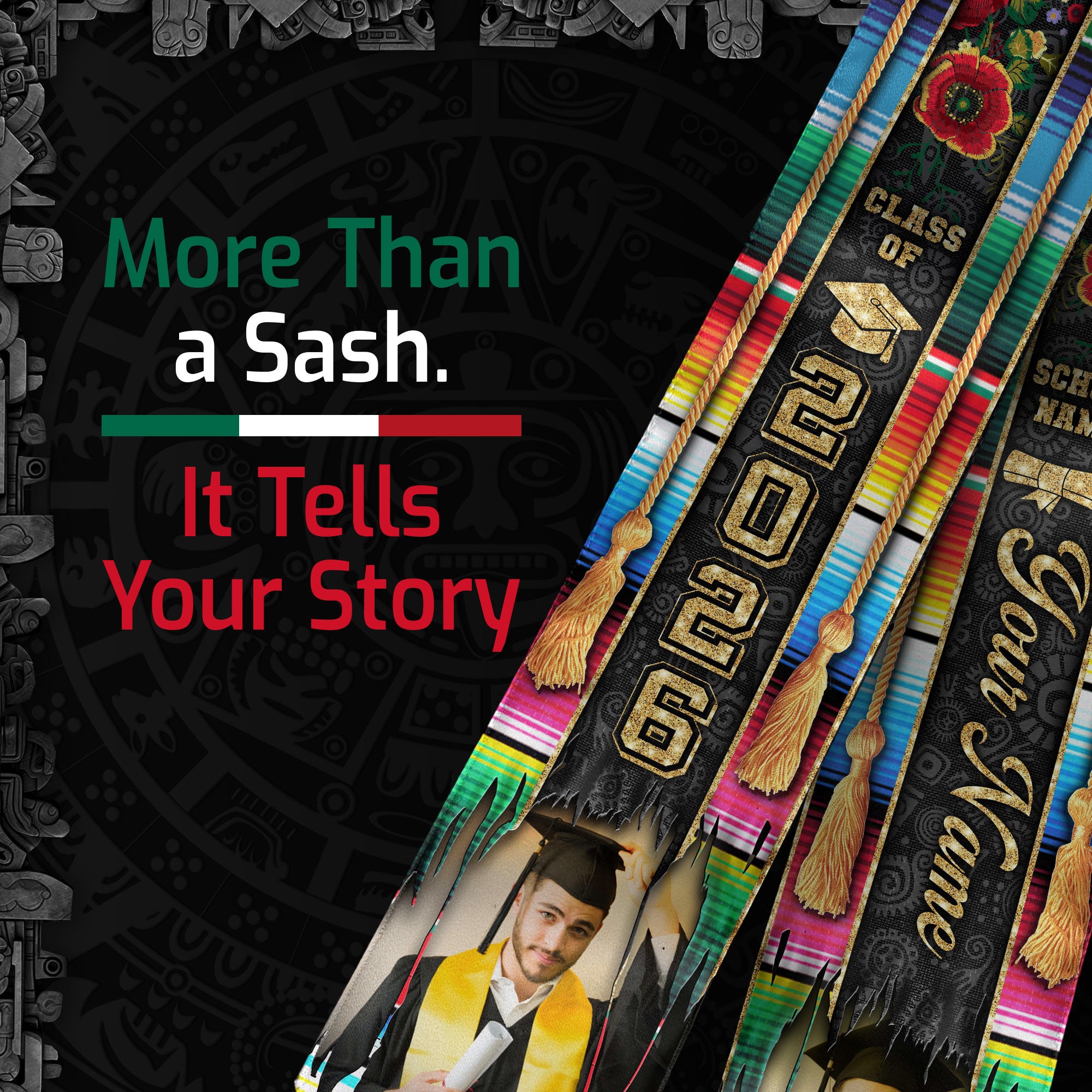 Custom Photo Mexican Graduation Stole 2026 Aztec Serape Rose USA Mexico Flag Sash