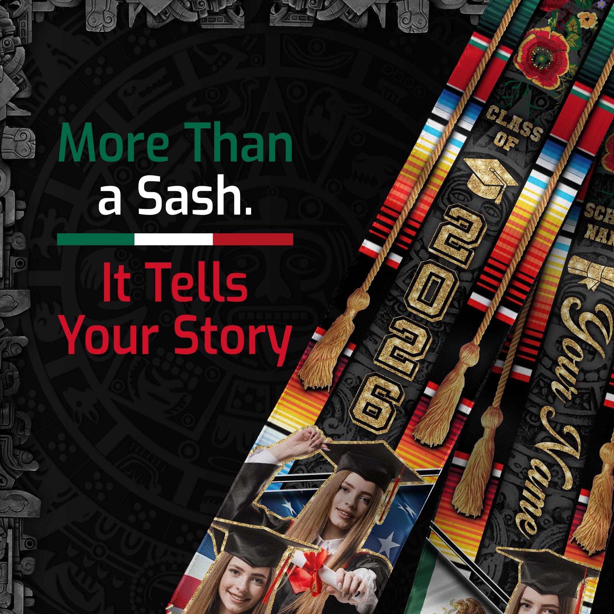 Custom Mexican Graduation Sash 2026 Aztec Patterns Serape Rose USA Mexico Flag Photo