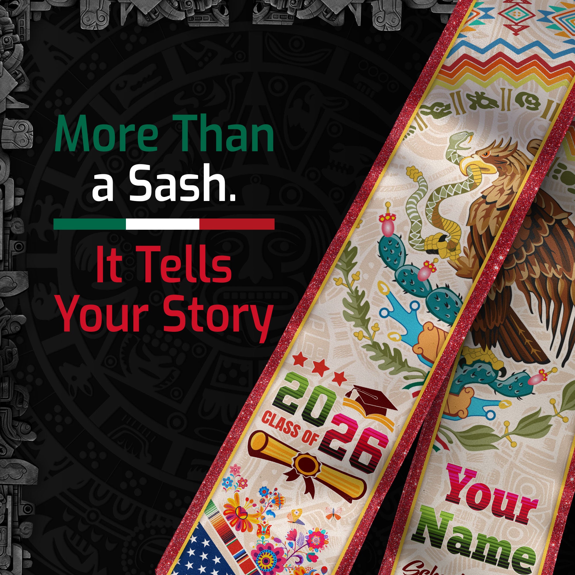 Personalized 2026 Graduation Stole – USA & Mexico Eagle Heritage Senior Sash with Serape Pattern Design