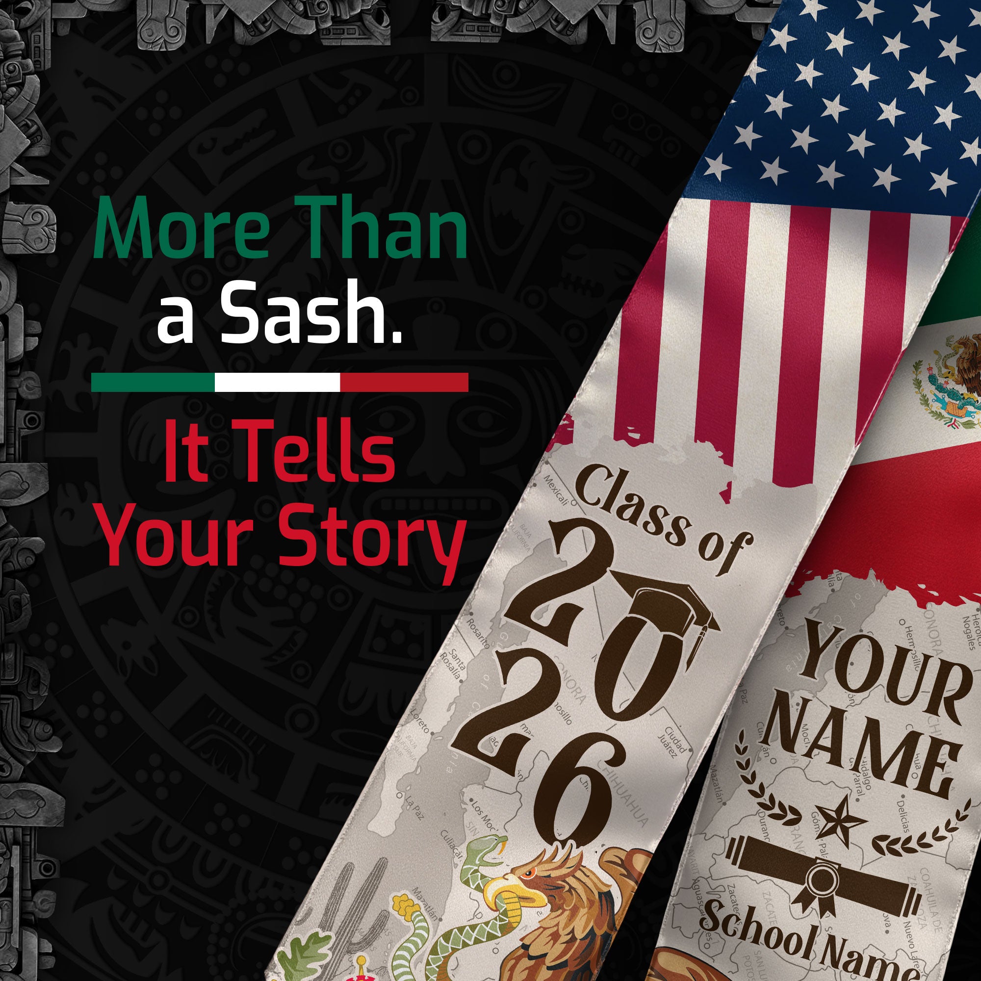 Custom Class of 2026 Graduation Stole – USA & Mexico Flag Senior Sash with Eagle Crest Design