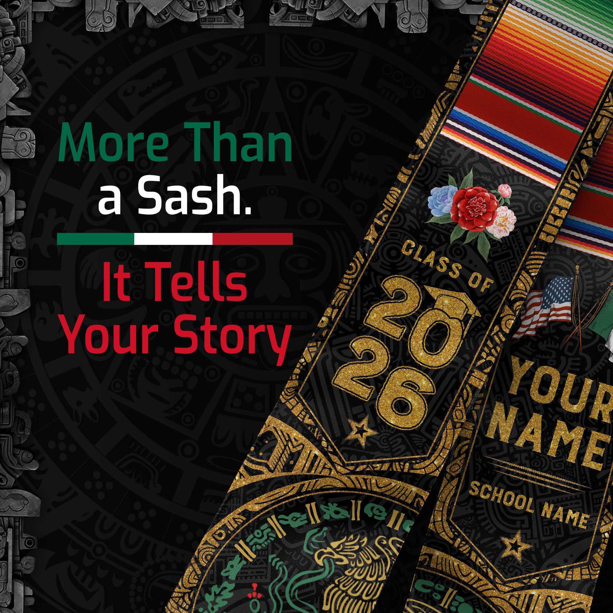 Personalized Class of 2026 Graduation Stole – Black & Gold USA Mexico Heritage Senior Sash with Serape Accent