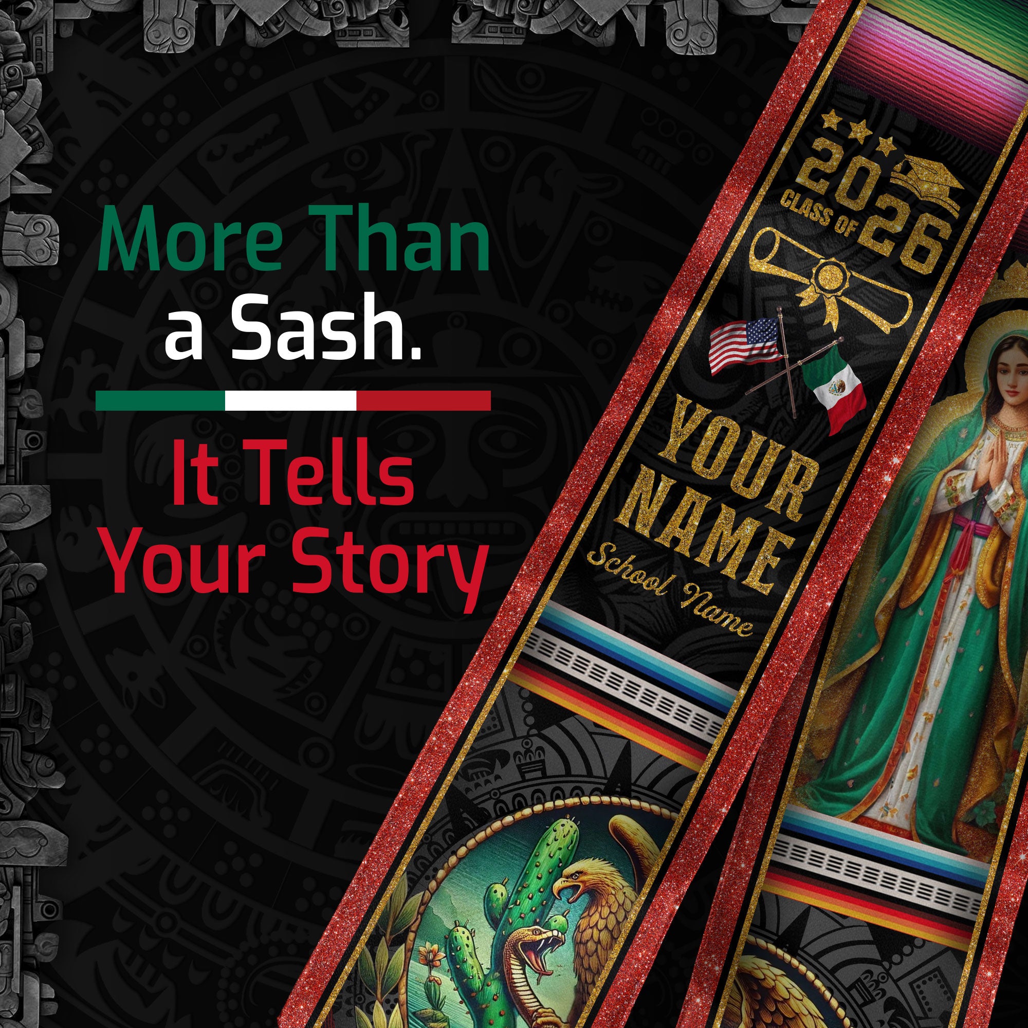 Virgen de Guadalupe 2026 Graduation Stole – Custom USA & Mexico Senior Sash with Eagle Emblem & Serape Detail