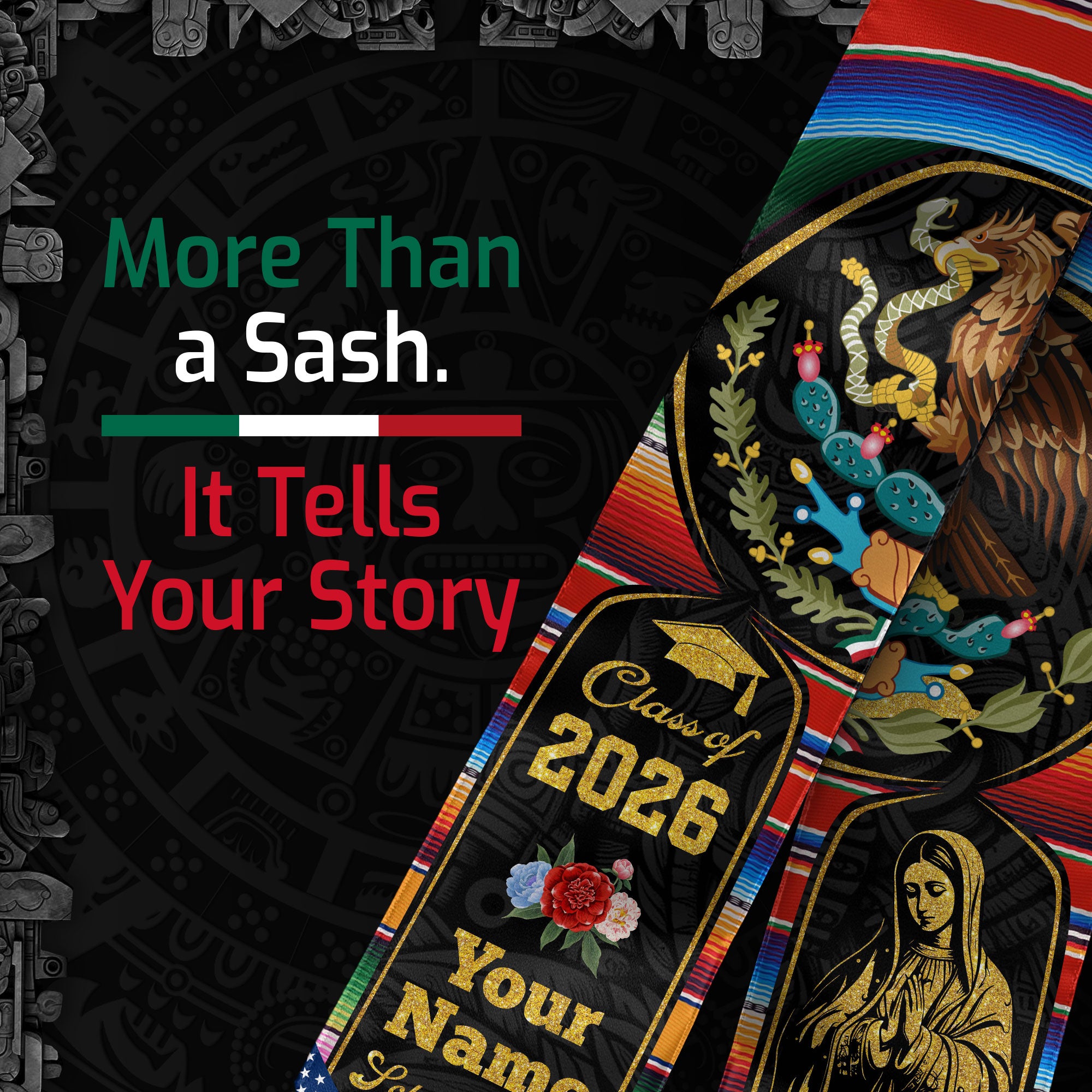 Class of 2026 Heritage Graduation Stole – Personalized USA & Mexico Sash with Golden Virgen & Eagle Crest