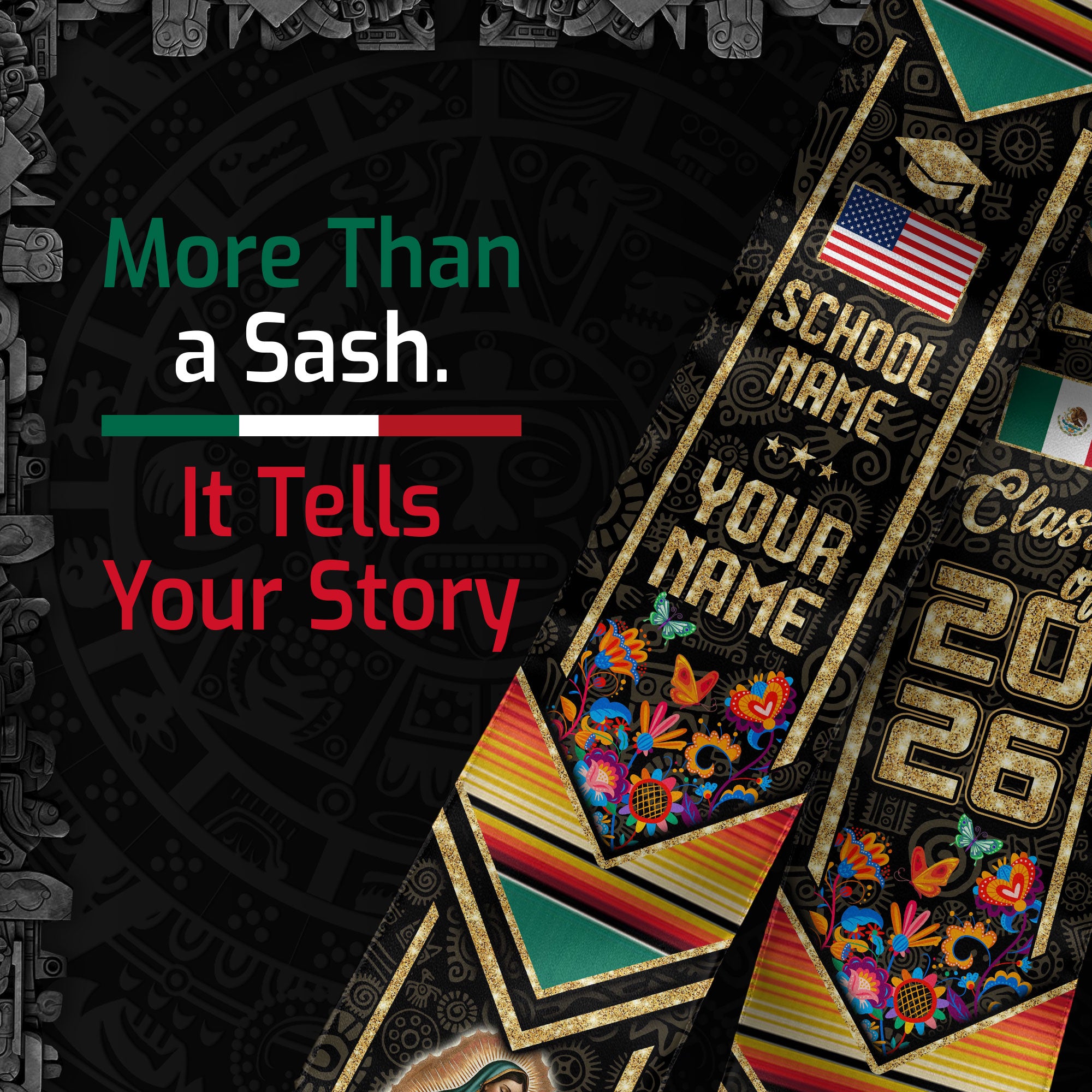 Custom Virgen de Guadalupe 2026 Graduation Stole – Personalized Mexican Heritage Class Sash