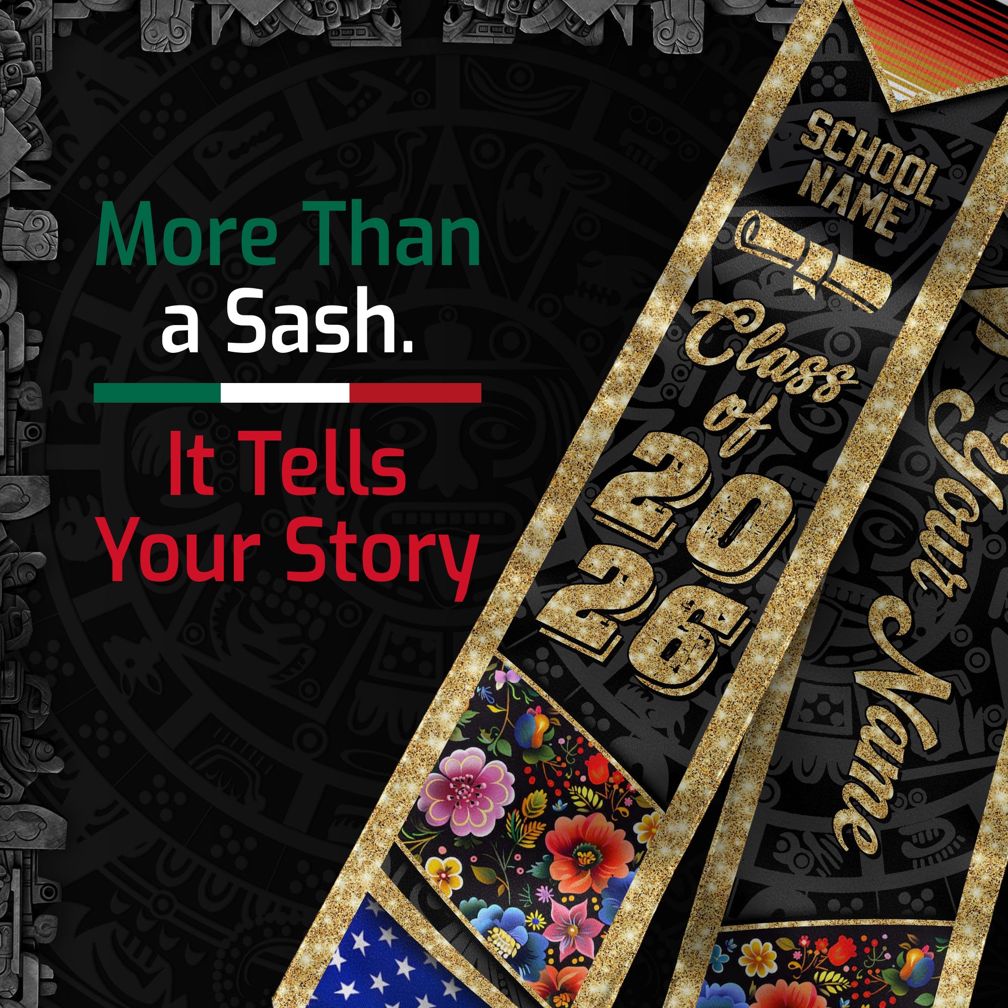 Custom Class of 2026 Graduation Stole – Personalized USA & Mexico Flag Senior Sash with Floral Gold Design