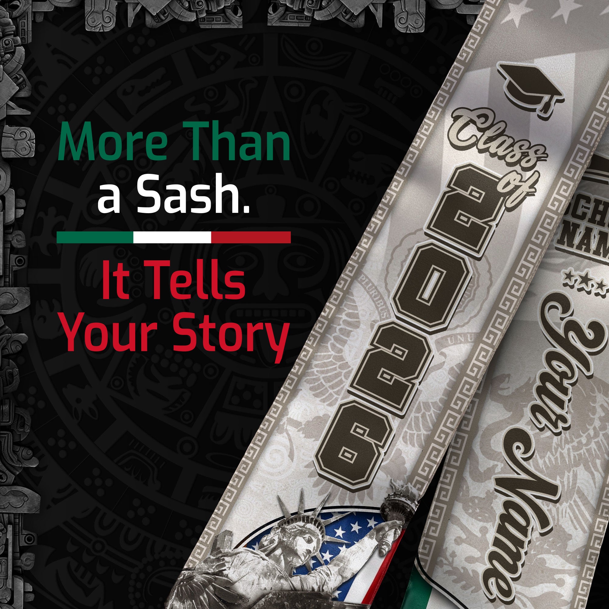 Class of 2026 Silver Graduation Stole – USA & Mexico Pride Senior Sash with Eagle & Statue Design